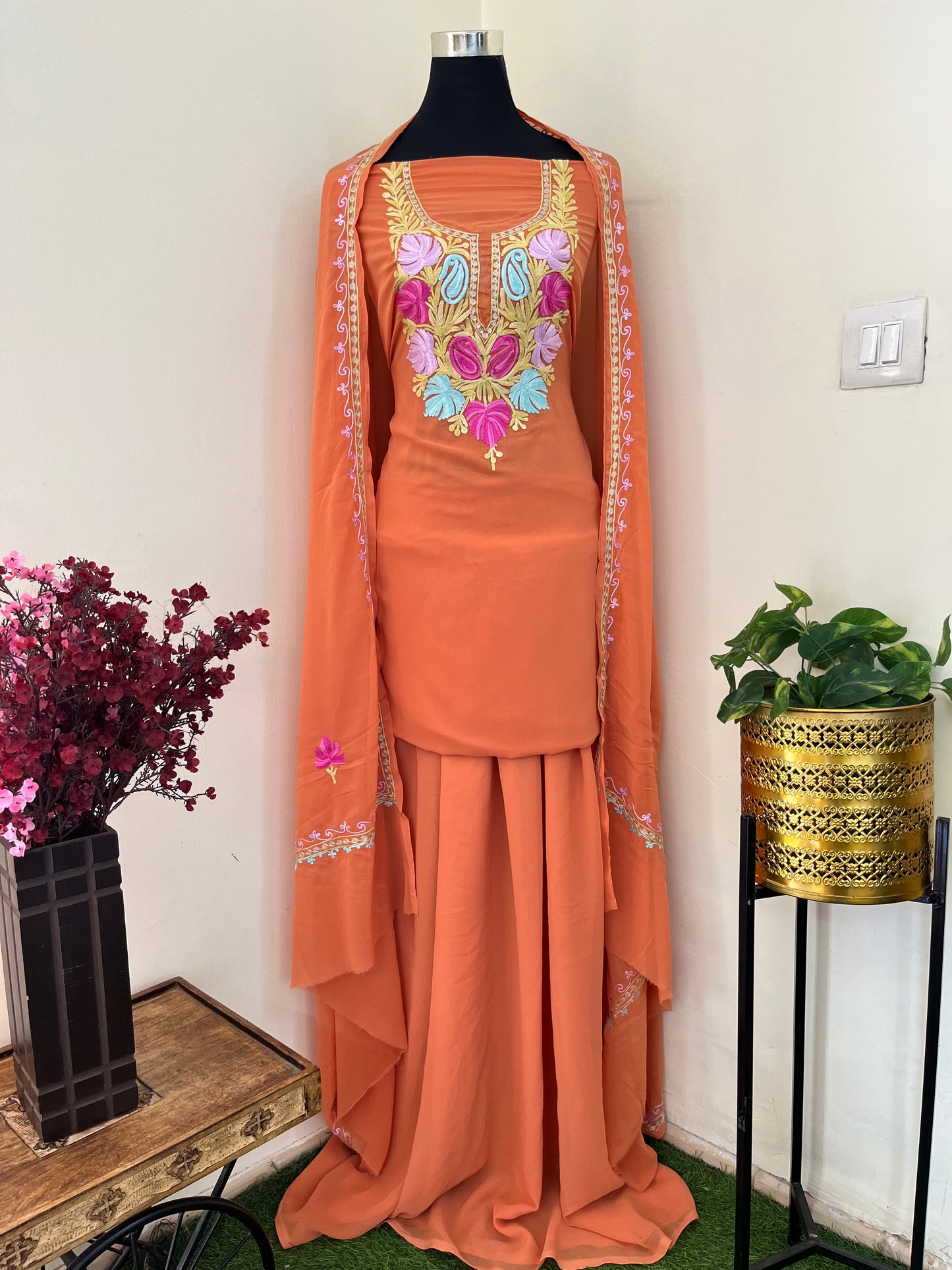 Soft Orange Georgette 3 Pc Aari Embroidered Suit Set