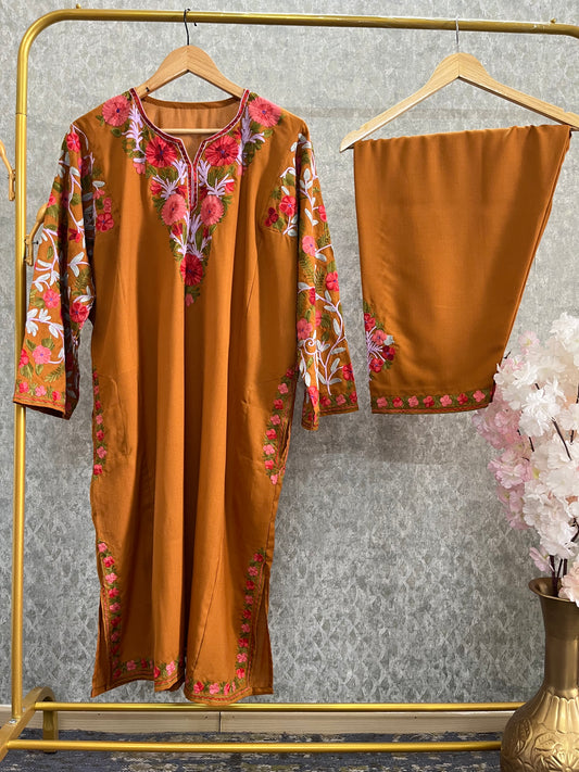 Mustard Brown Cotton Arm Jaal Pheran Set