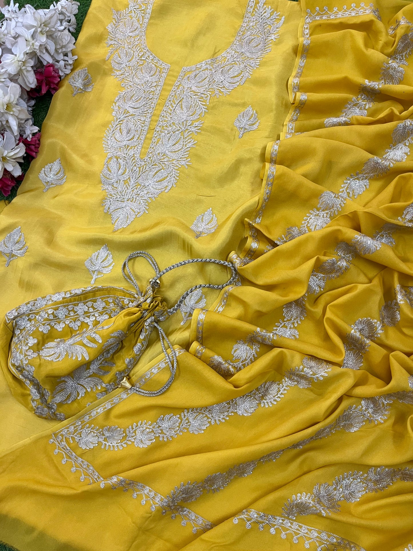 Sanam Golden Yellow Silk Kashmiri Suit with Potli