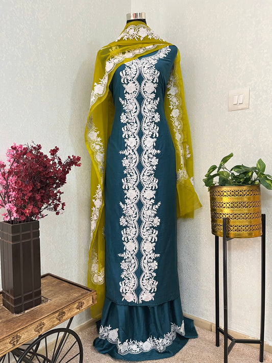 Teal Blue Chanderi Silk Kashmiri Suit