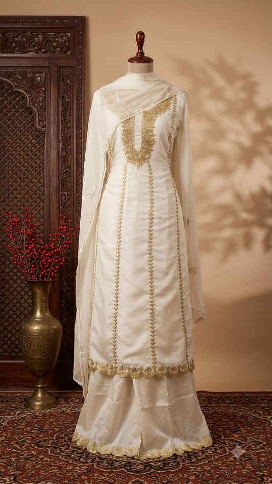 Sanamโ Ivory White Silk Tilla Embroidered Suit material
