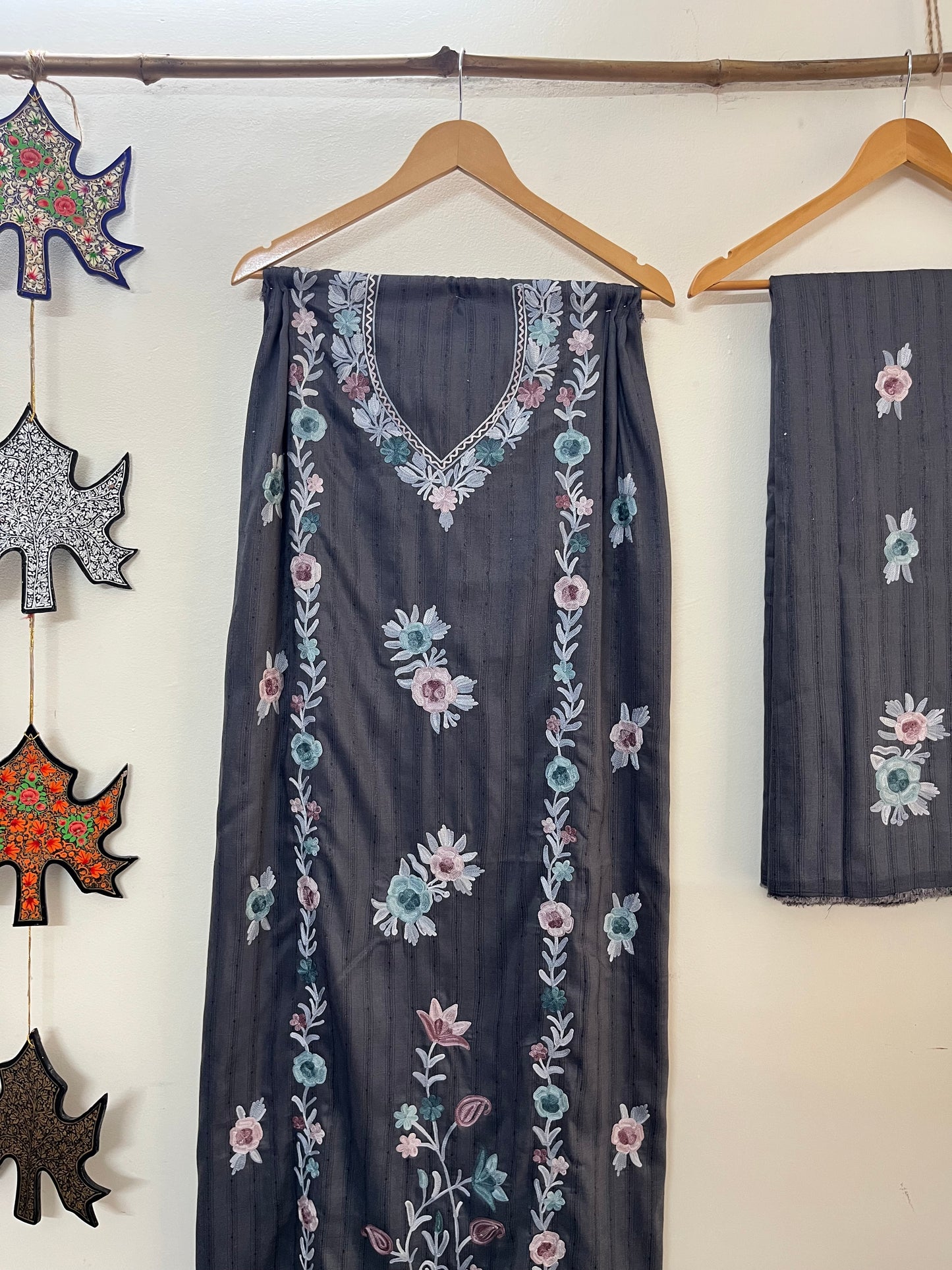Deep Grey Muslin Cotton Striped Sequin Pattern Unstitched Co-ord Set