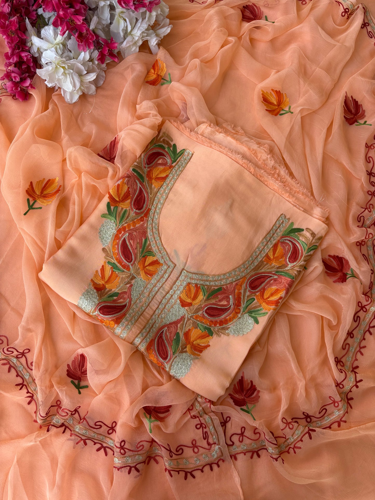 Peach Opada Silk Kashmiri Suit