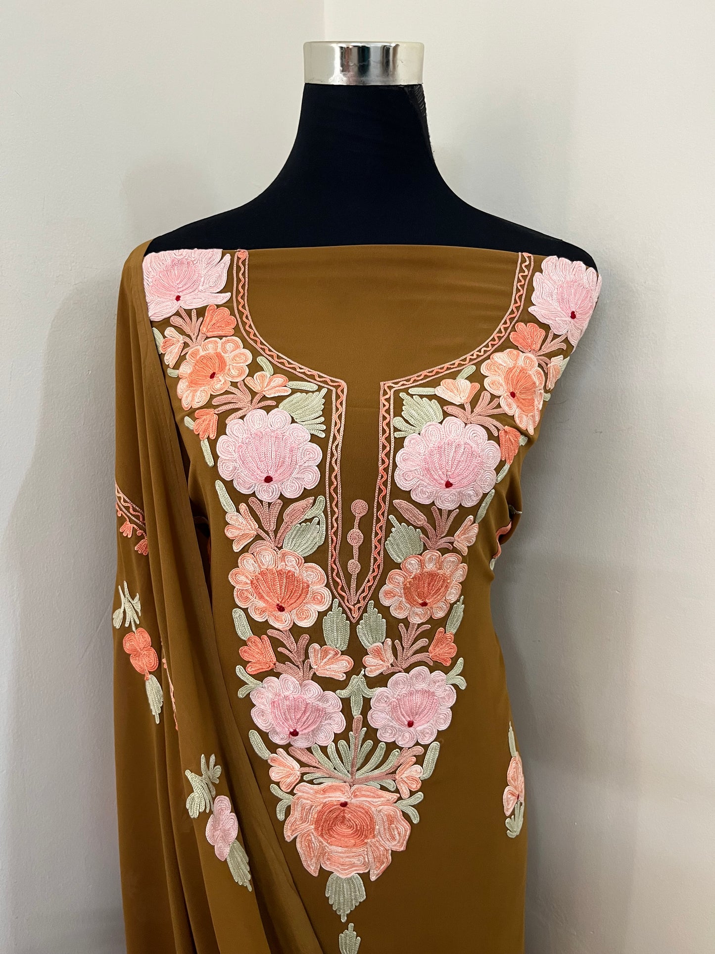 Coffee Brown Georgette 3 Pc Aari Embroidered Suit