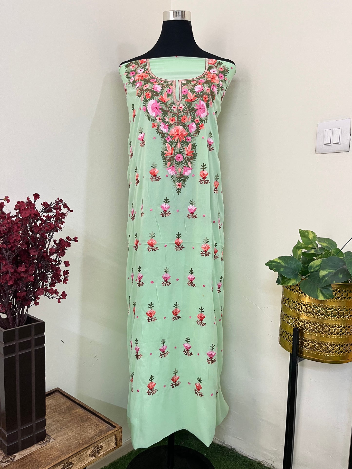 Tea Green Georgette Kashmiri Kurta Material