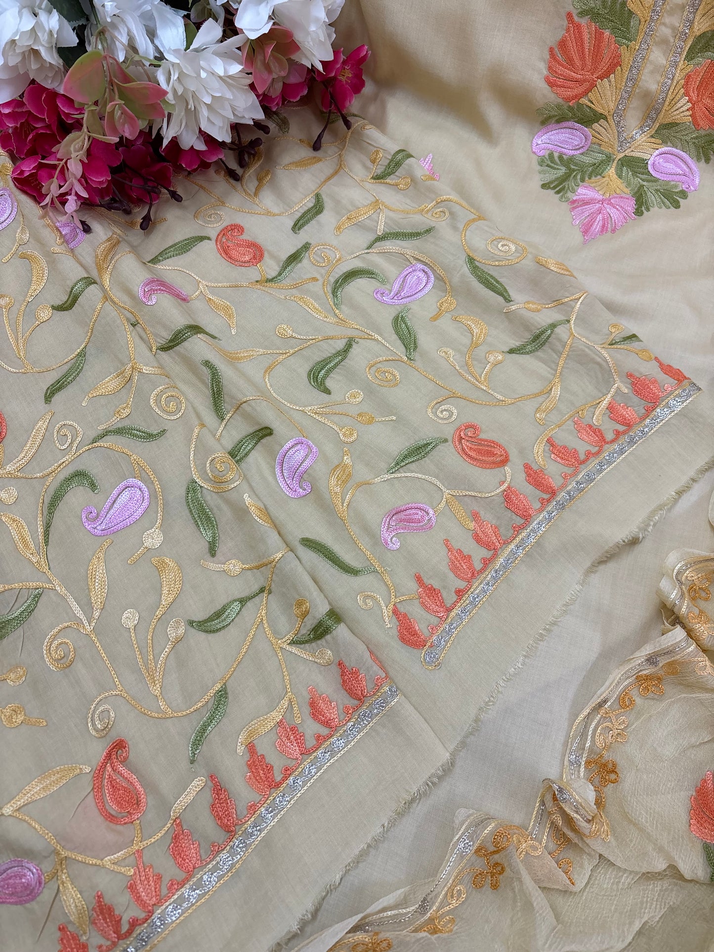 Beige Muslin Cotton Jaal Sleeves Kashmiri 3pc Suit