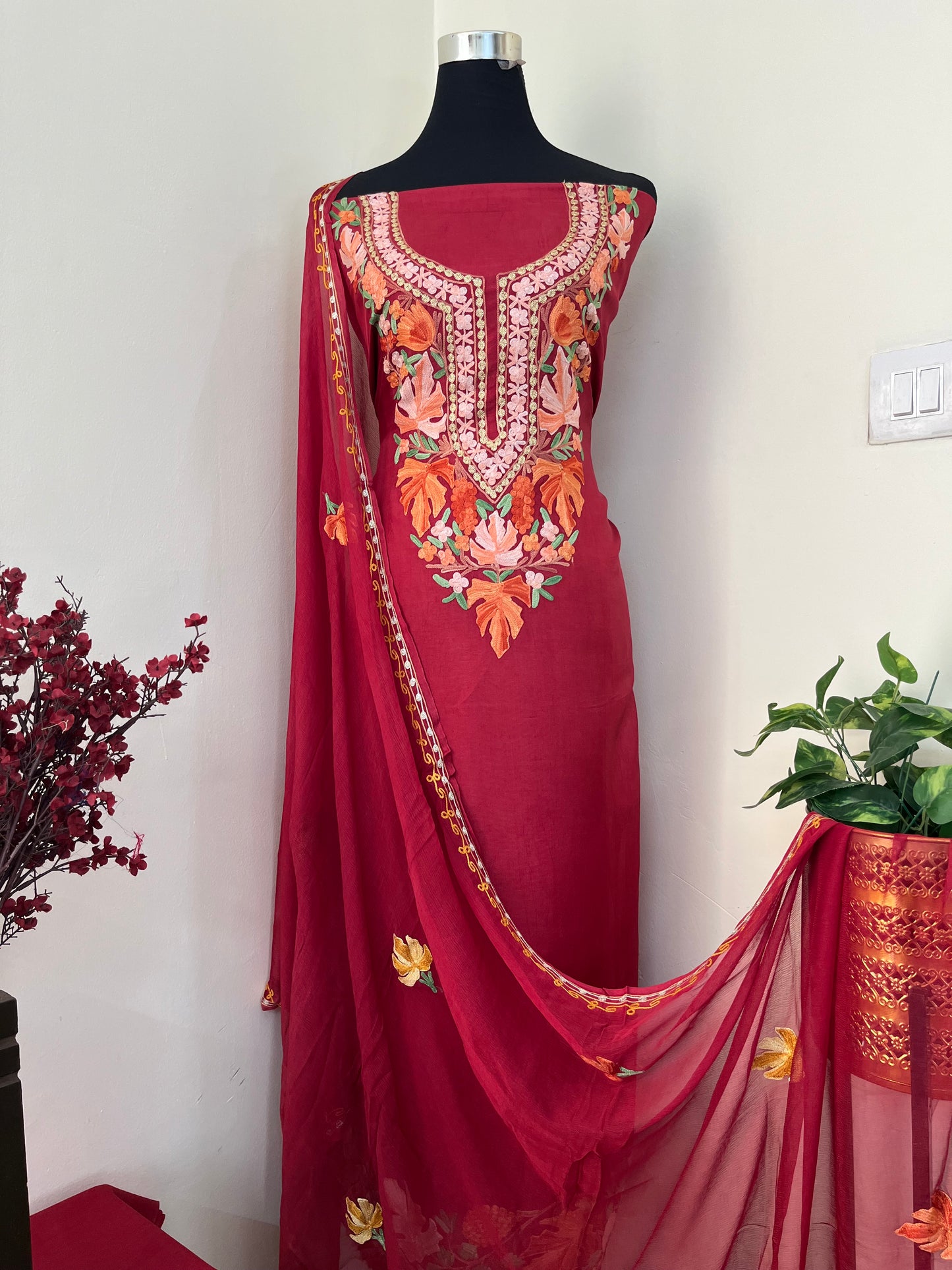 Maroon Opada Silk Aari Embroidered Suit material