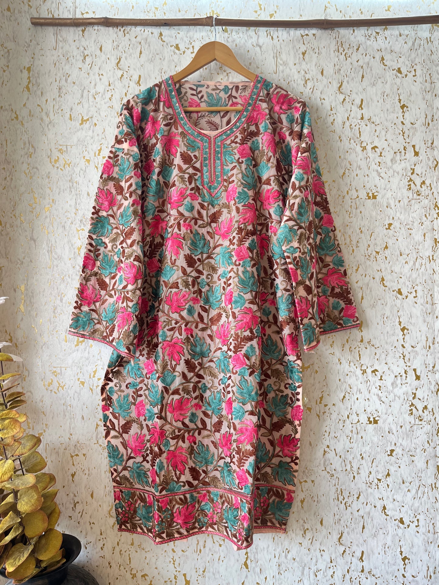Peach Georgette Jaal Work (Front & Back) Aari Embroidered Stitched Kurta
