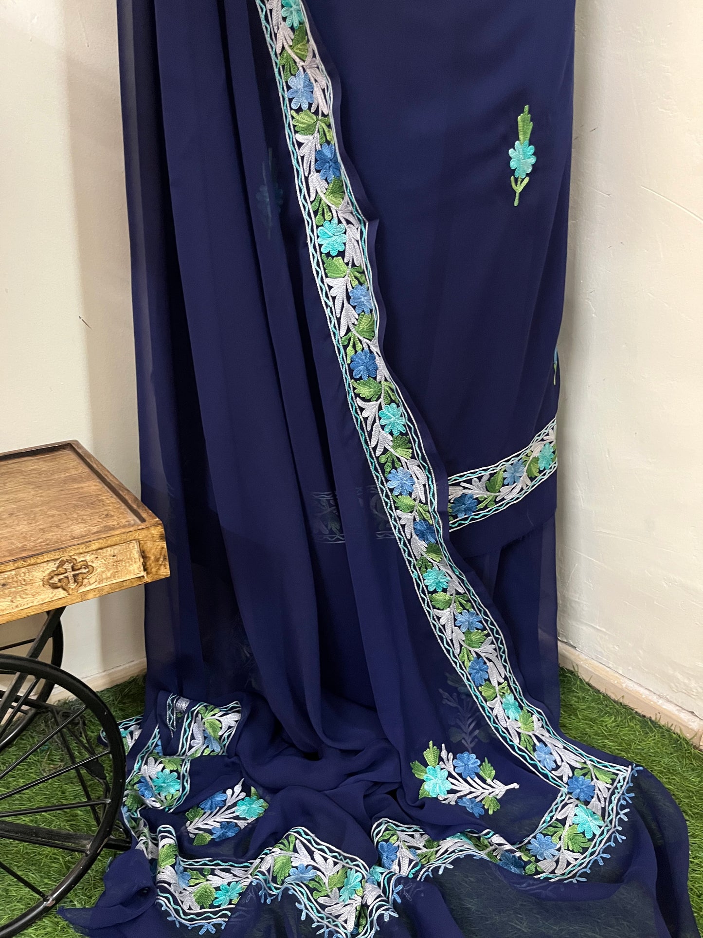 Blue Georgette 3 Pc Aari Embroidered Suit Set