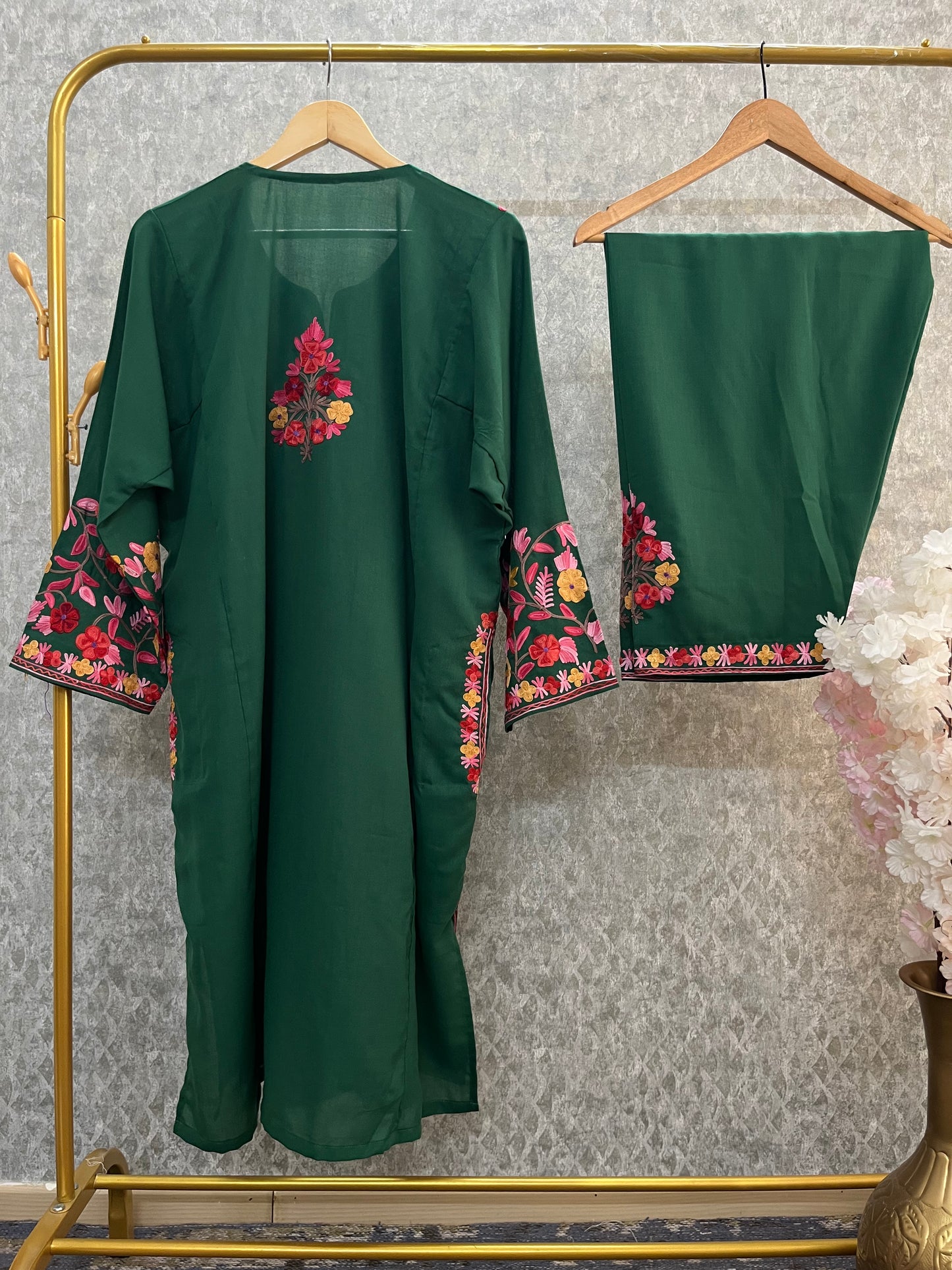 Bottle Green Cotton Front Jaal Pheran Set Size(46)