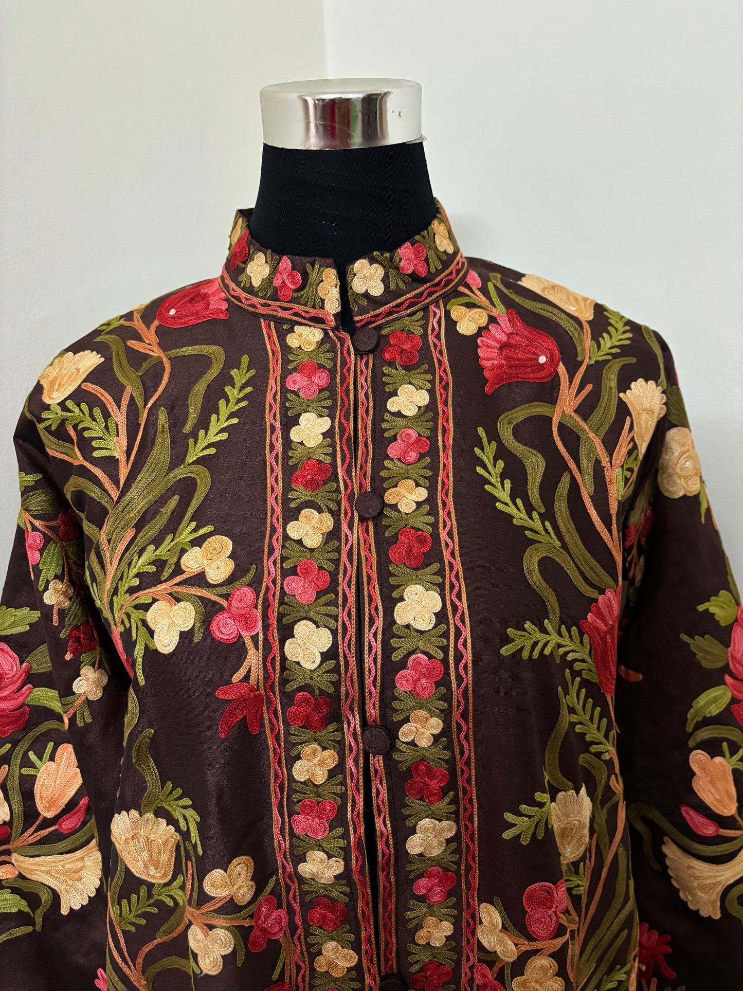 Coffee Brown Aari Embroidered Silk Jacket XXL