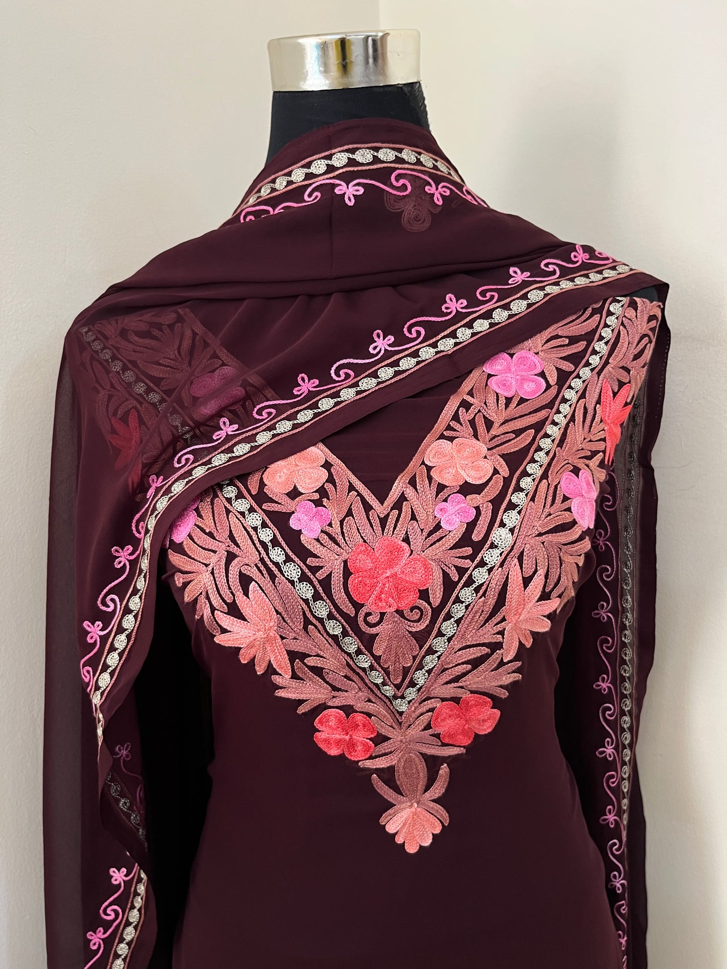 Brown Georgette 3 Pc Aari Embroidered Suit Set