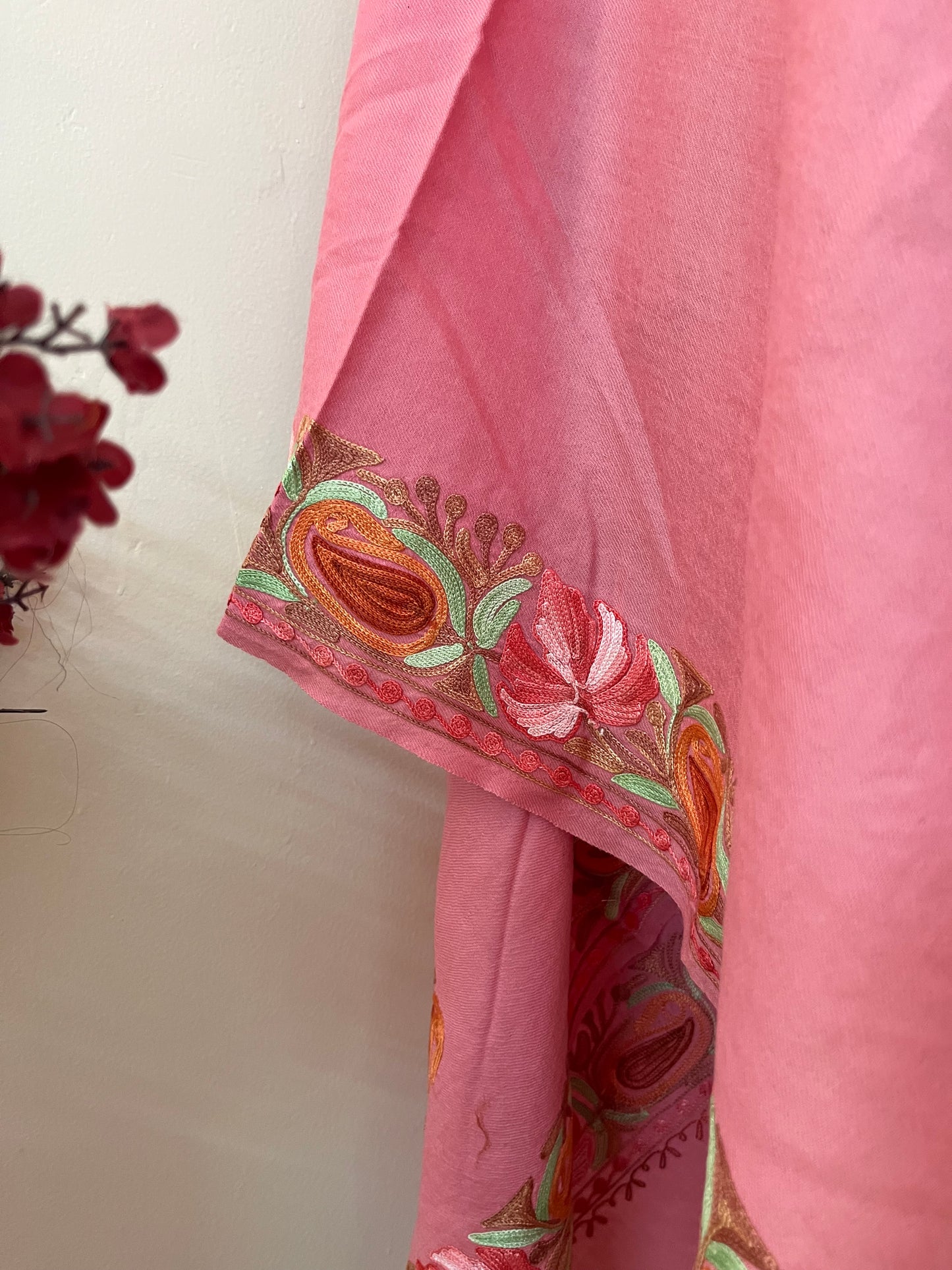 Soft Pink Fine Semi Pashmina Aari Embroidered stole