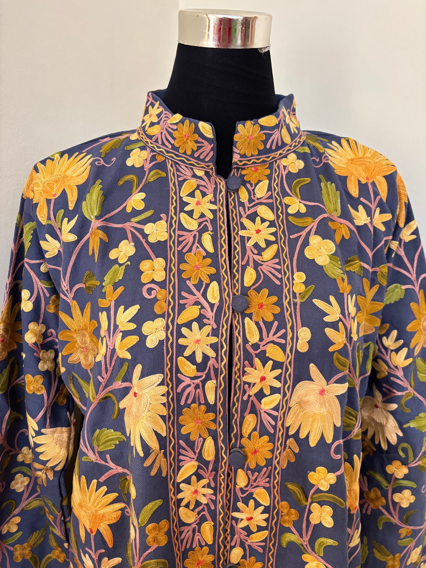 English Blue Aari Embroidered Pure Wool Jacket XL