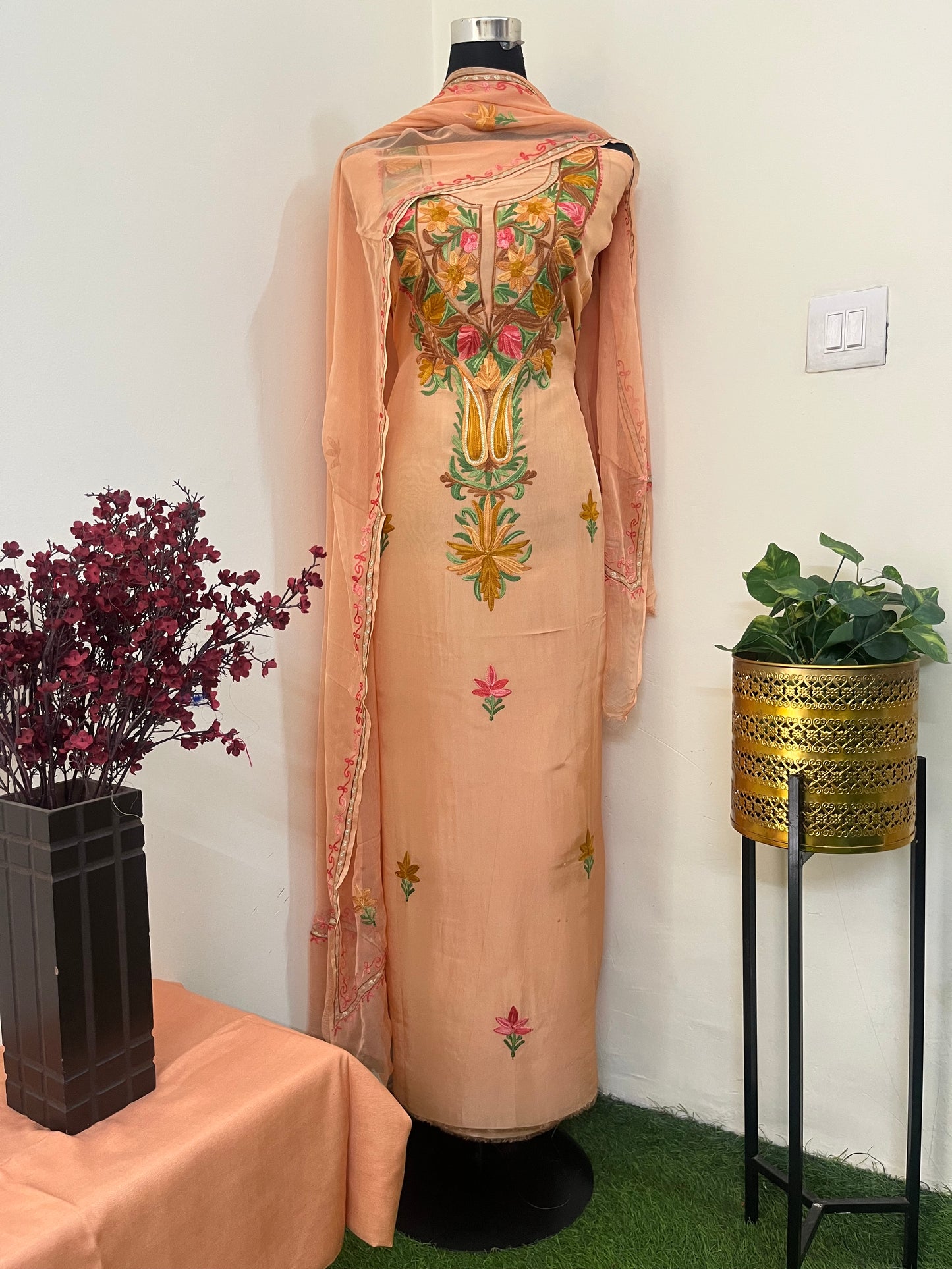 Peach Opada Silk Kashmiri Suit