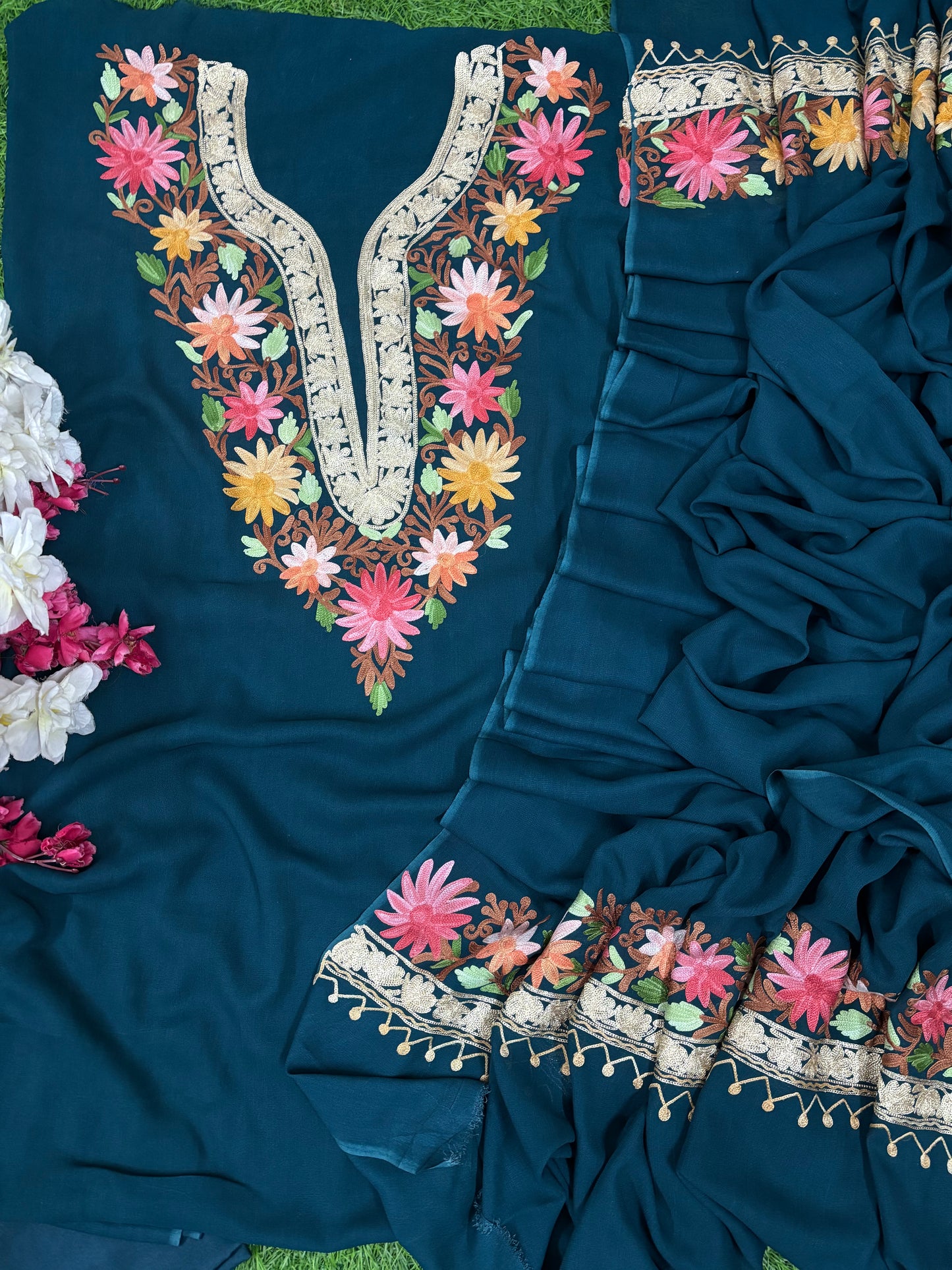 Peacock Blue Pure Georgette Kashmiri Suit