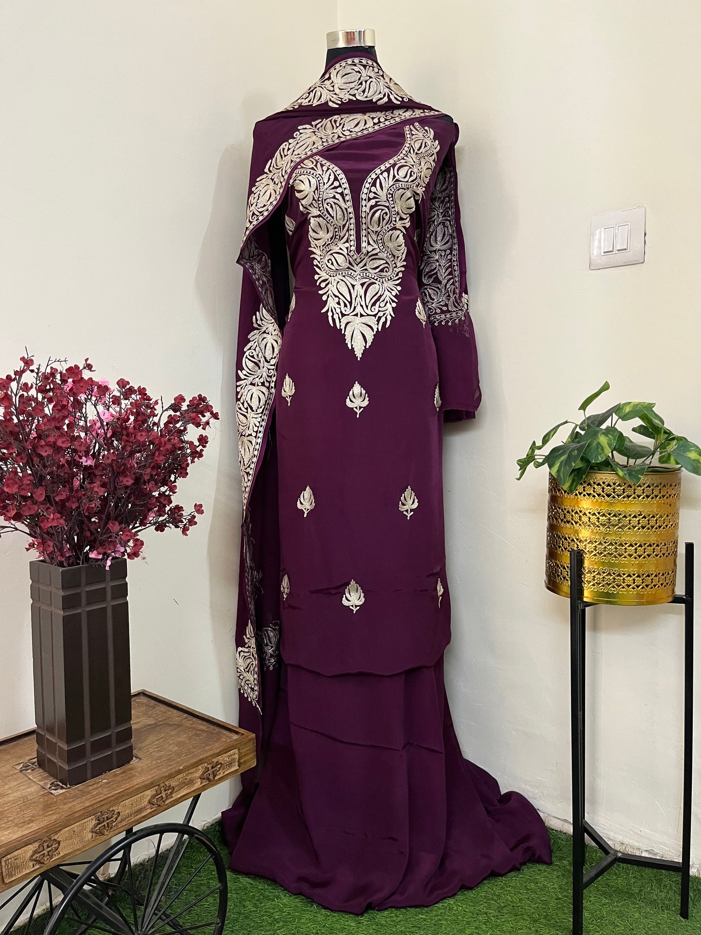 ‘Kalaa’ Wine Crape Kashmiri Suit