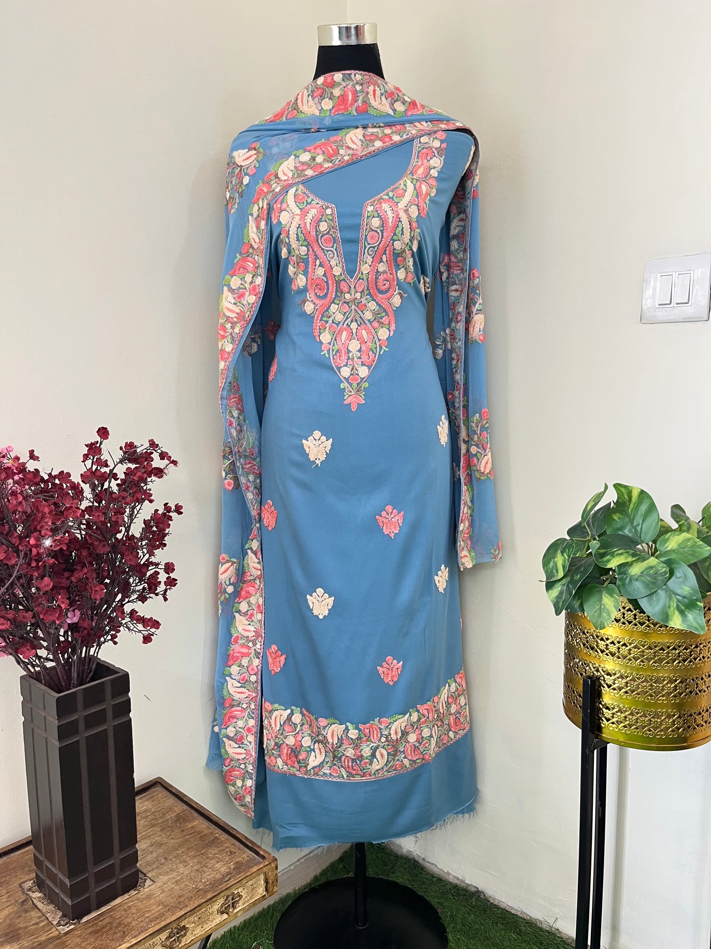English Grey Rayon Cotton Kashmiri 3pc set