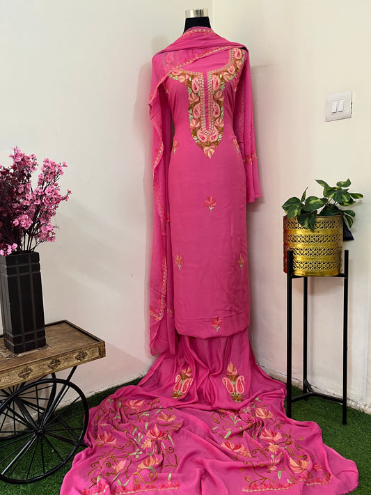 Pink Muslin Cotton Jaal Sleeves Kashmiri 3pc Suit