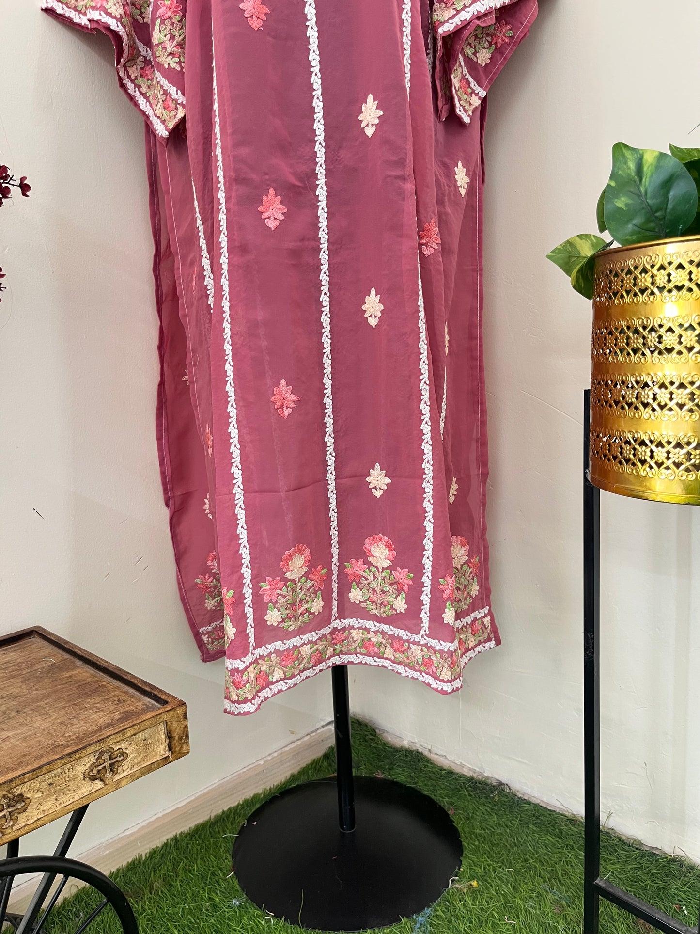 Pink Georgette All over Work Aari Embroidered Unstitched Kurta