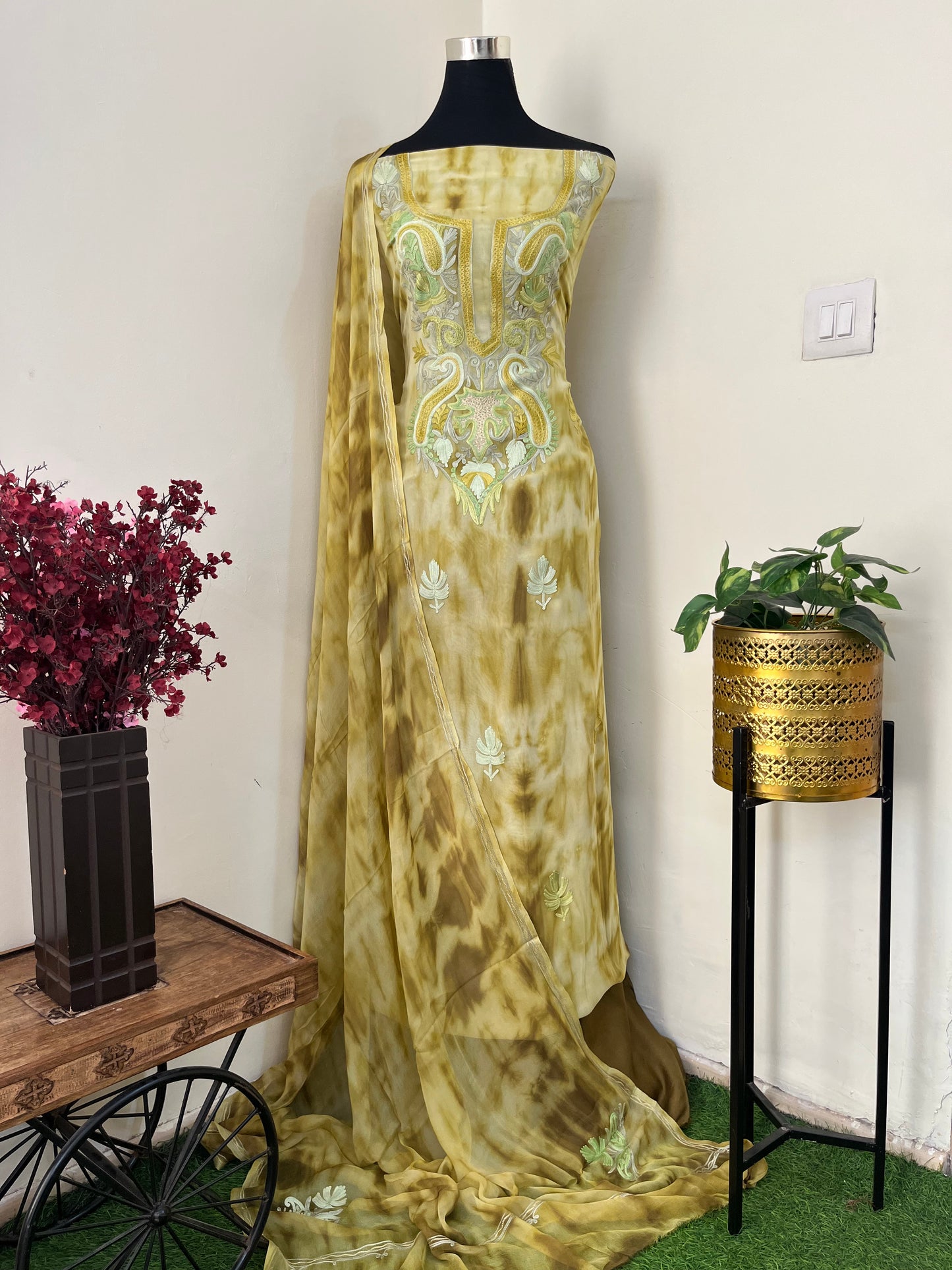 Lime Green Pure Georgette Ty Dy Kashmiri Suit
