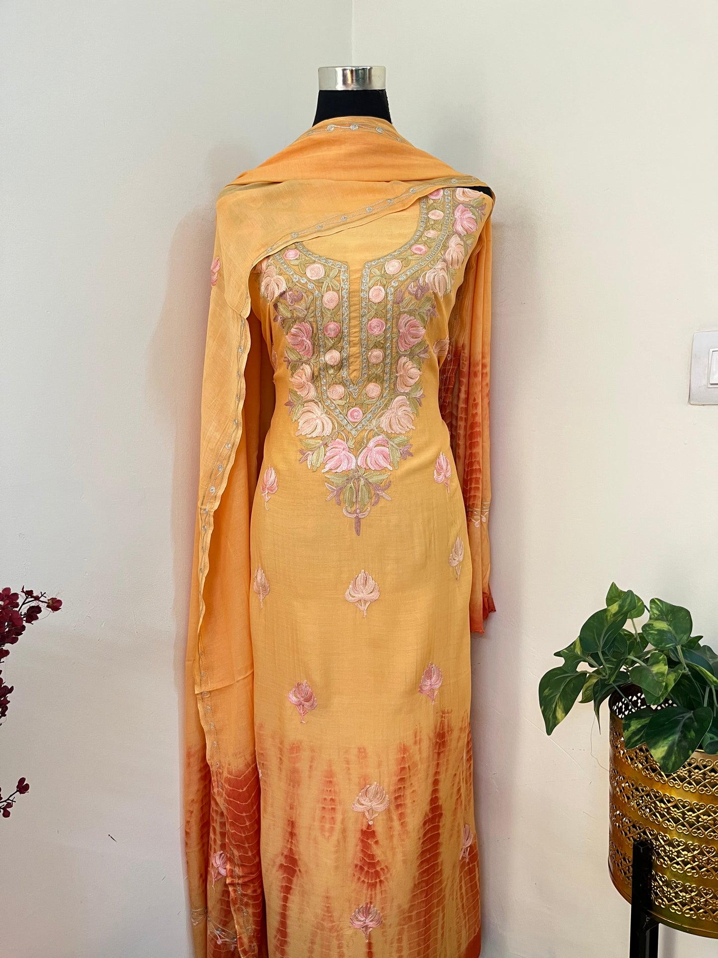 Soft Orange Mul Cotton Shibori Work Kashmiri 3pc Suit