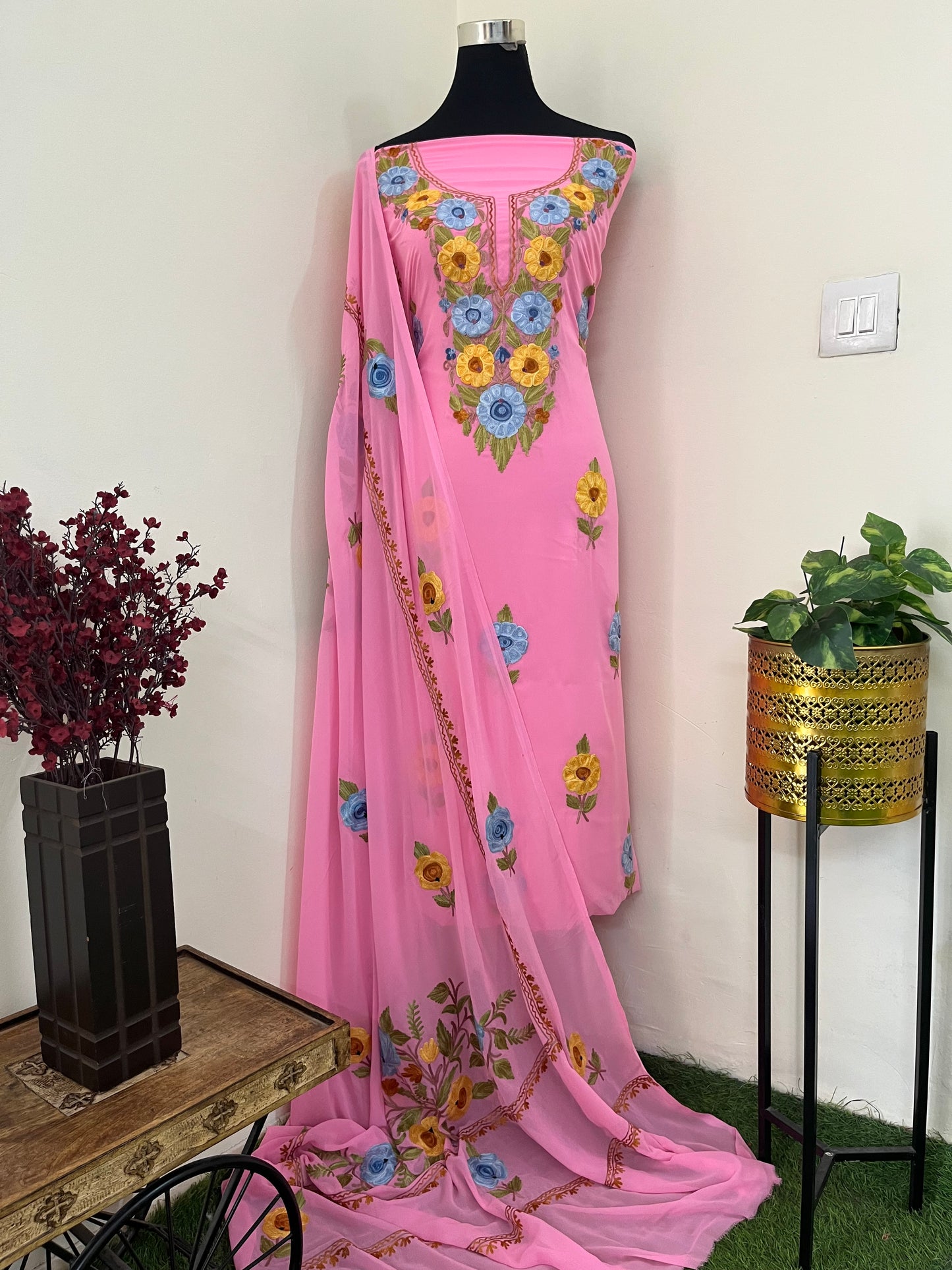 Georgette Candy Pink 3 Pc Aari Embroidered Suit