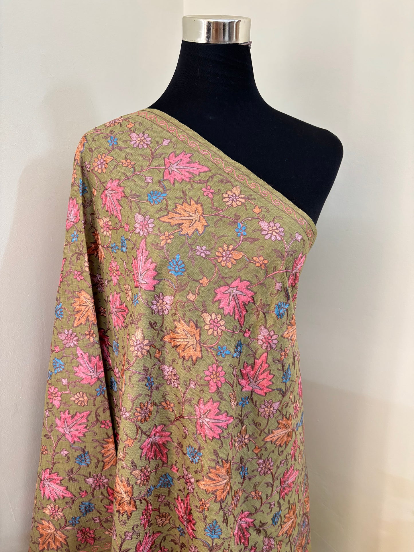 Pista Green Chinaar Jaal Kashmiri Semi Pashmina Stole