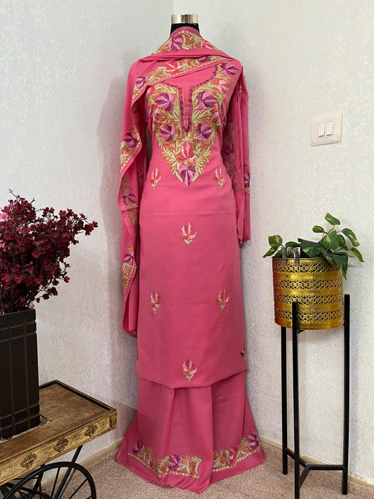Pink Pure Wool Aari Embroidered 3pc Suit Stole