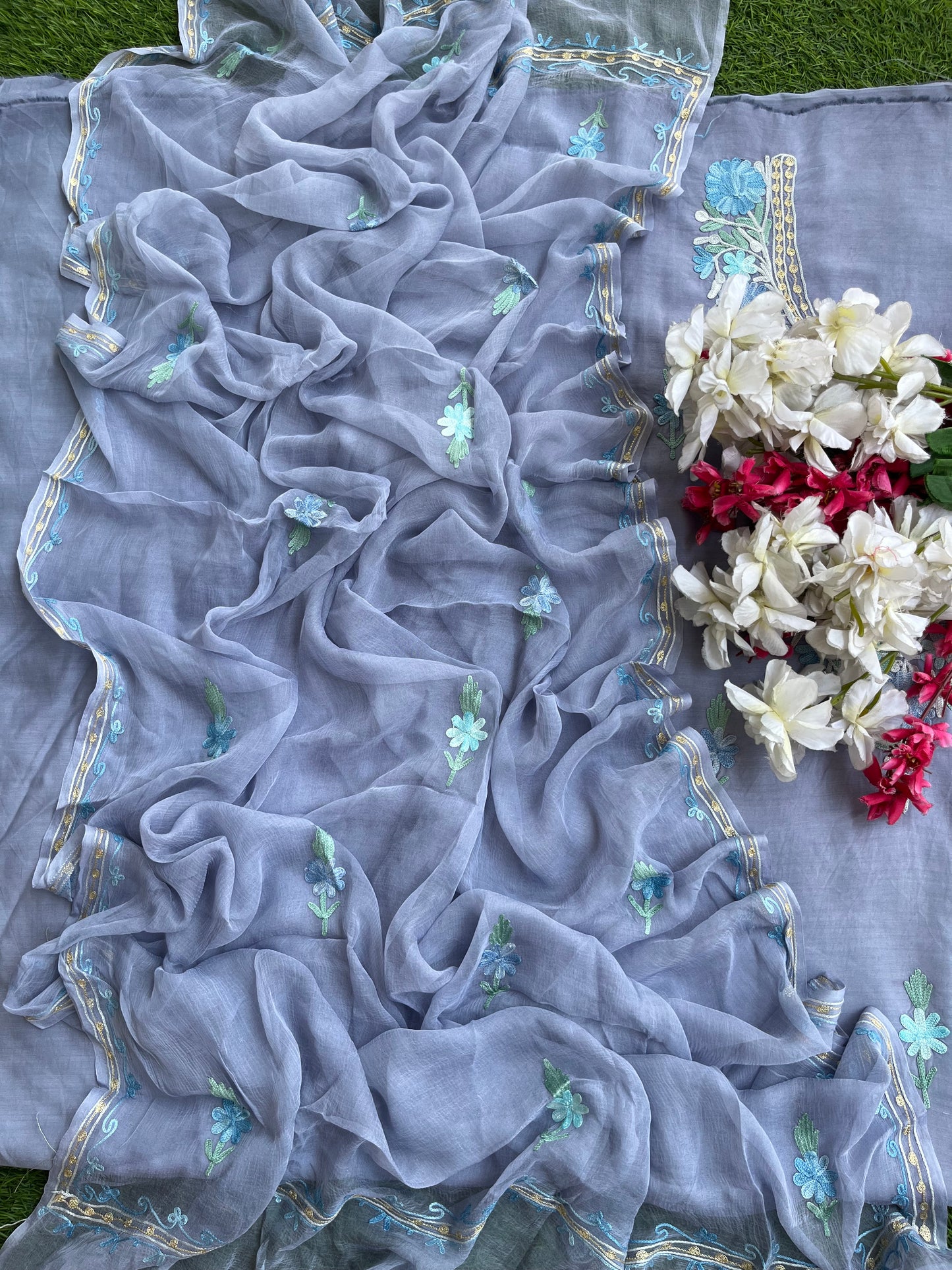 English Grey Muslin Cotton Jaal Sleeves Kashmiri 3pc Suit