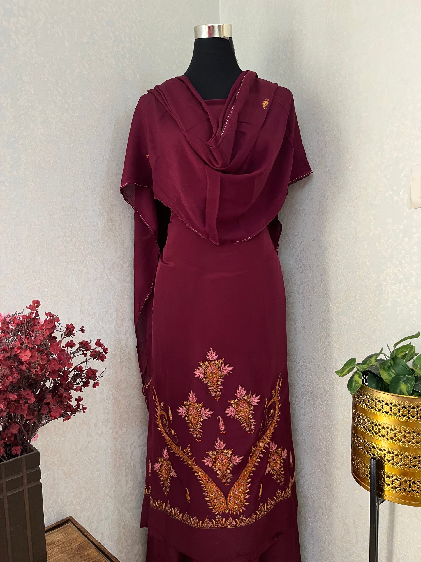 Wine Kalaa’ Crape Sozni Kashmiri Suit