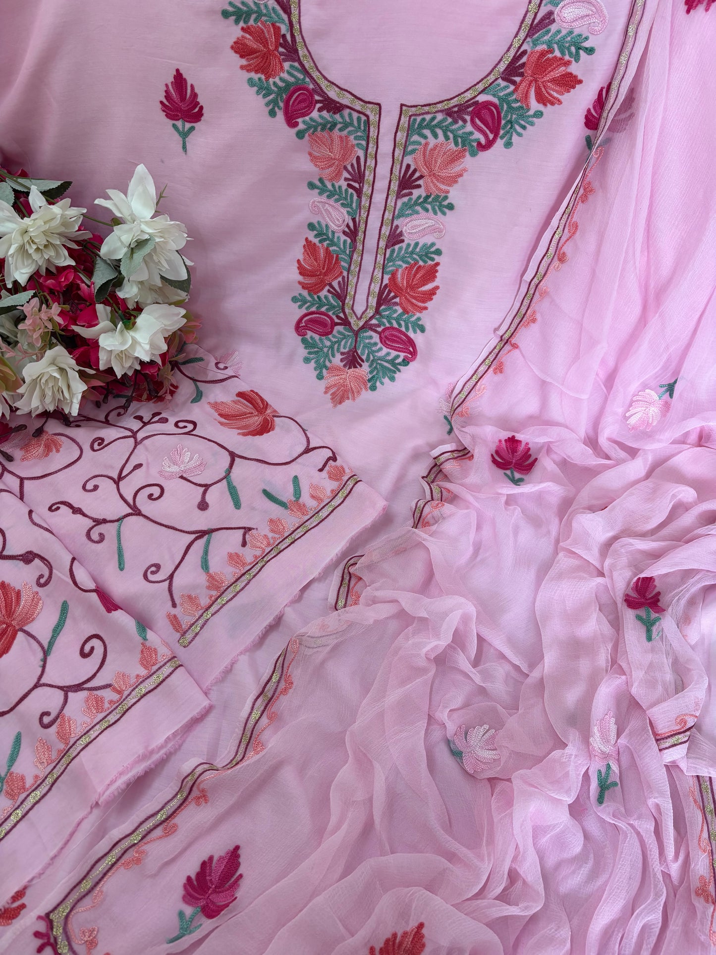 Soft Pink Muslin Cotton Jaal Sleeves Kashmiri 3pc Suit