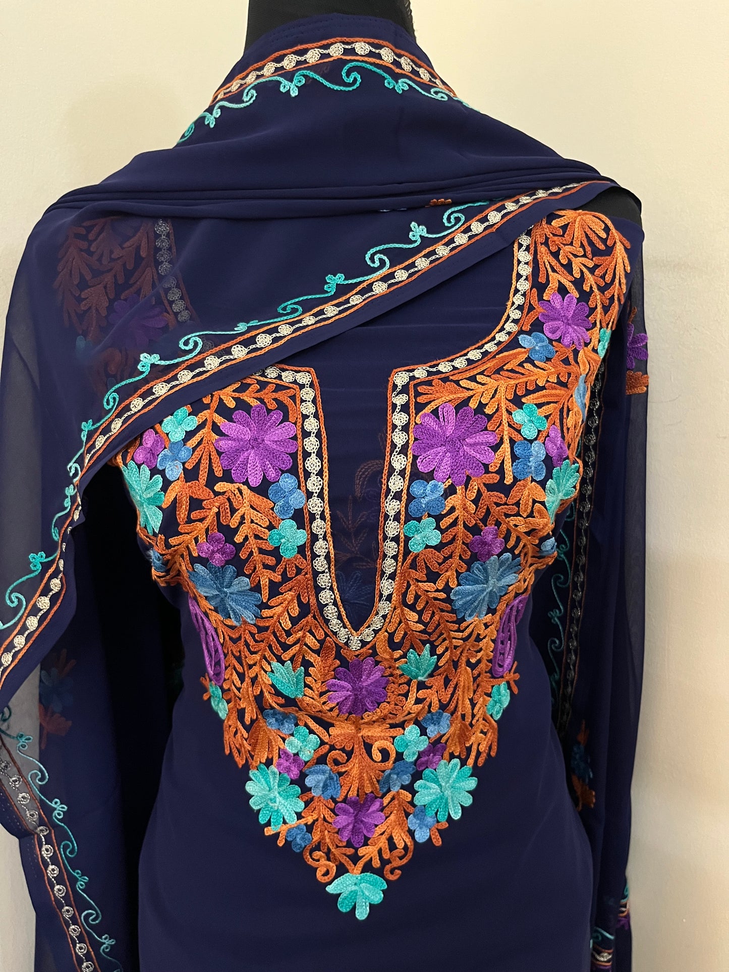 Blue Georgette 3 Pc Aari Embroidered Suit Set