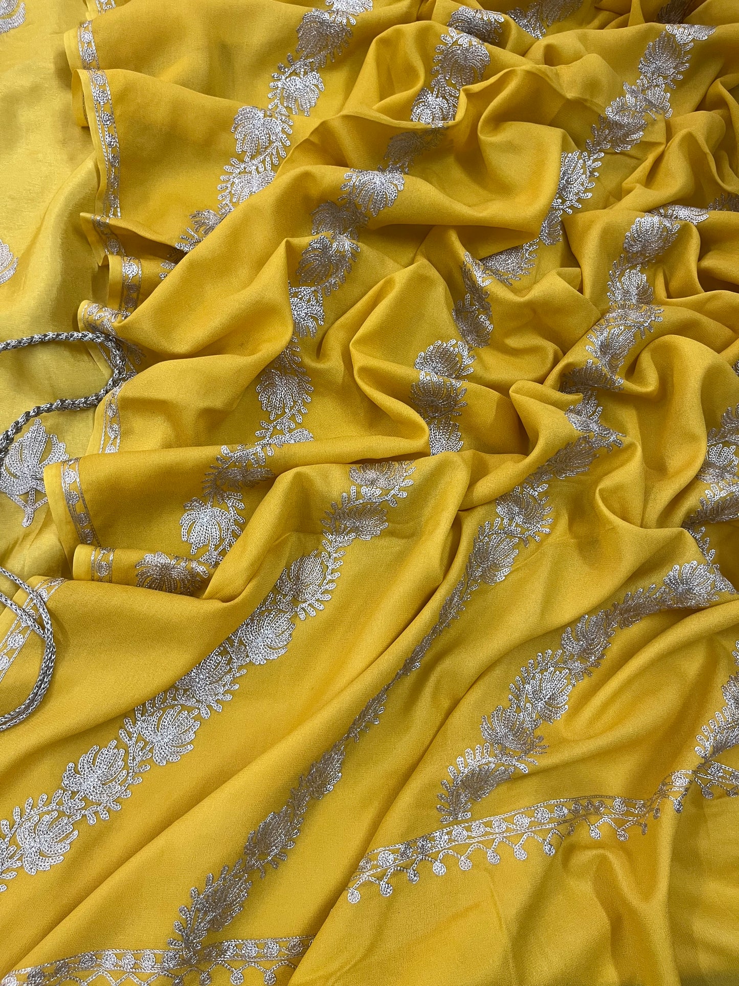 Sanam Golden Yellow Silk Kashmiri Suit with Potli