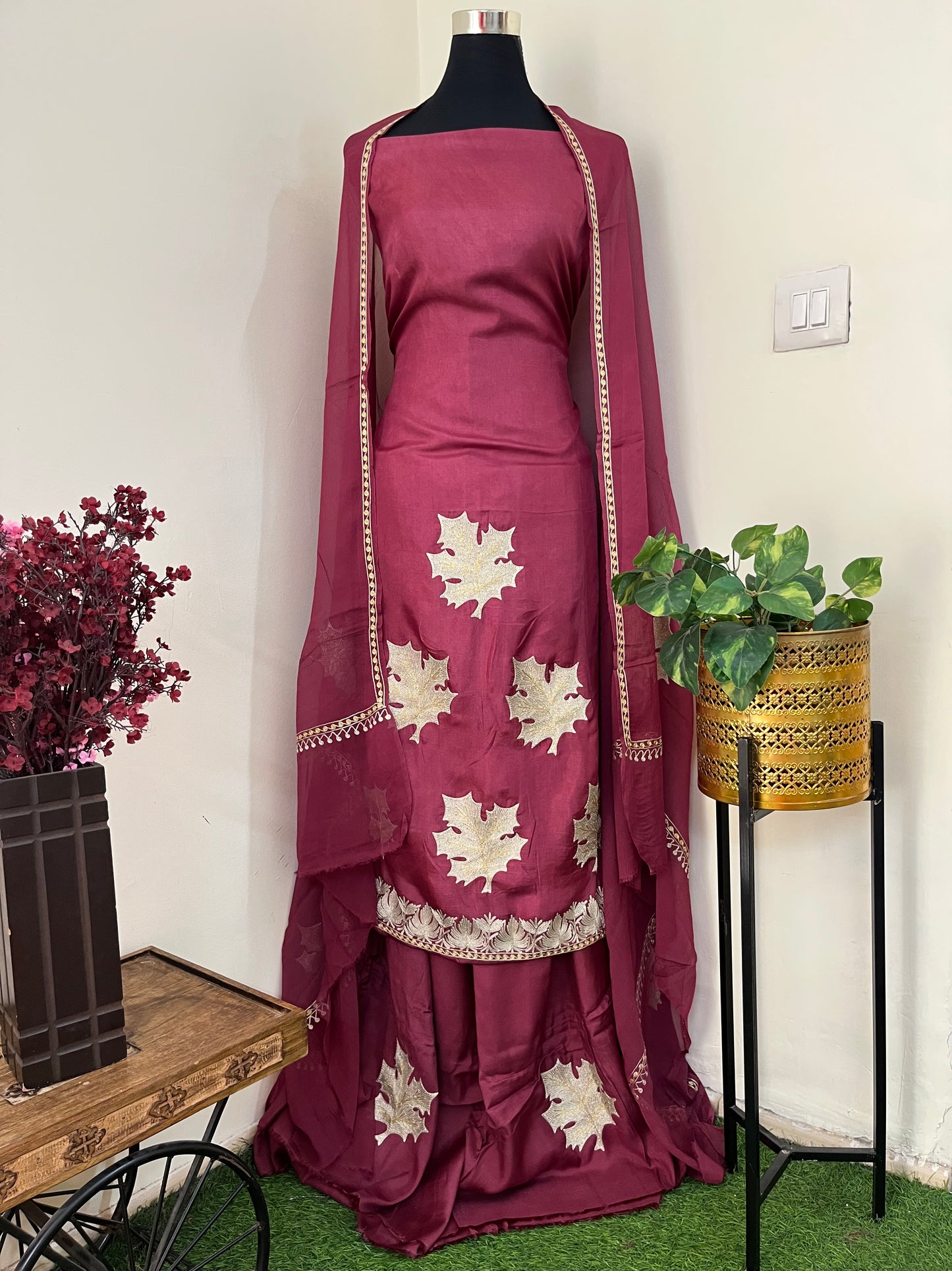 Red Sanam’ Tilla Embroidered Suit material