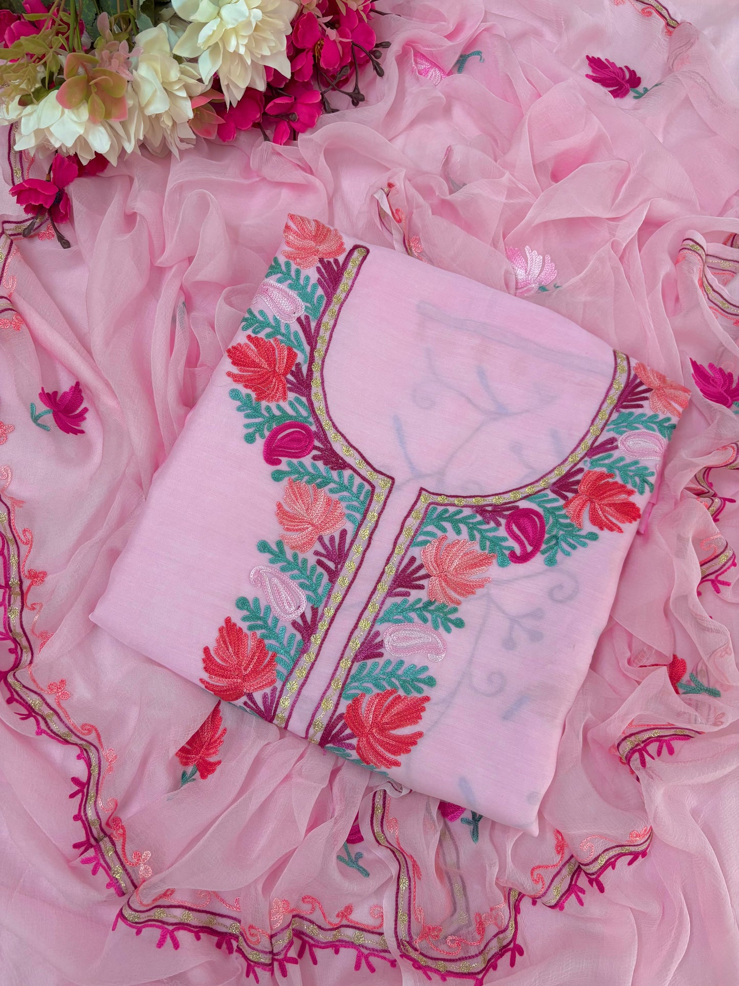 Soft Pink Muslin Cotton Jaal Sleeves Kashmiri 3pc Suit