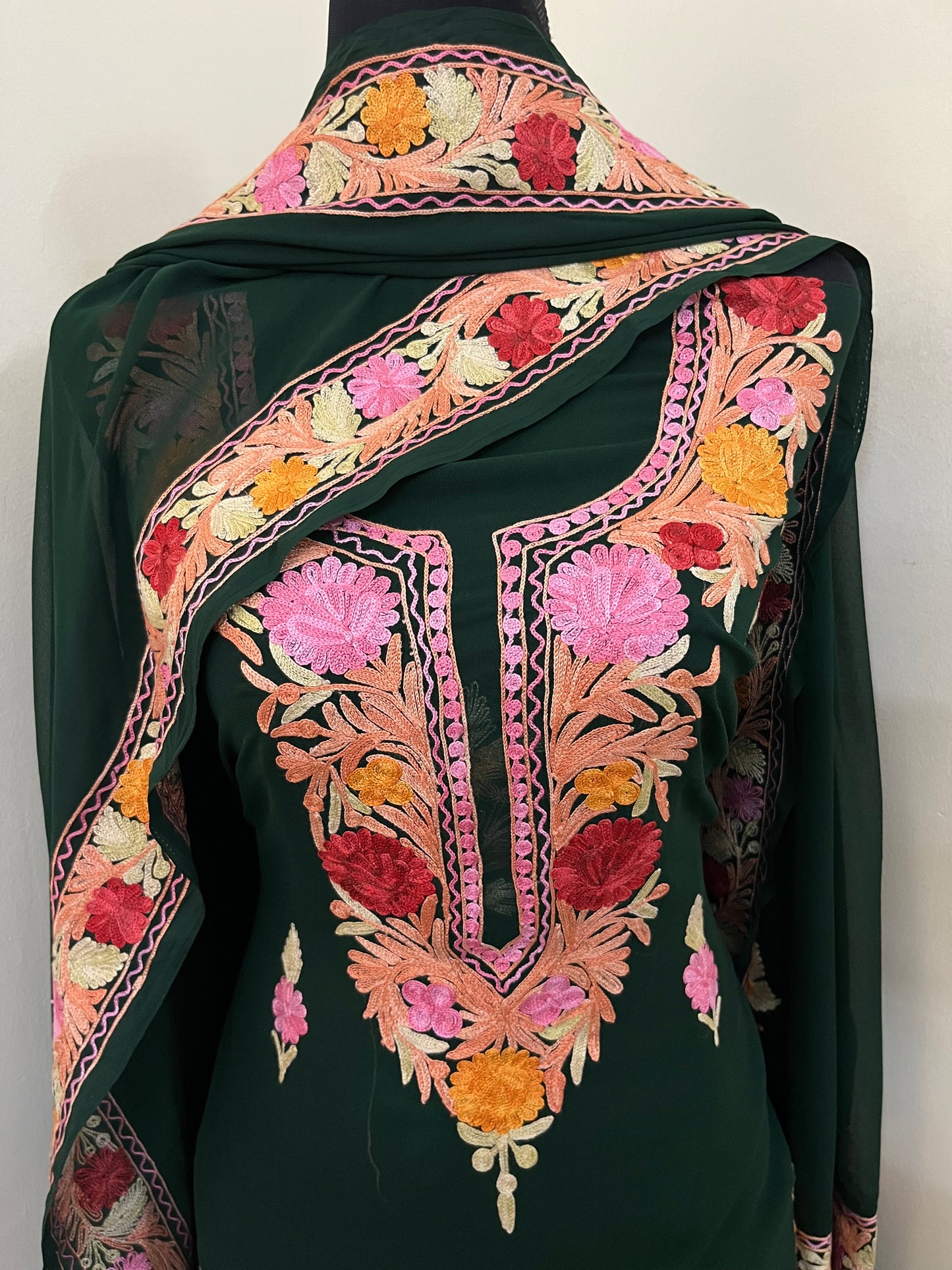 Bottle Green Georgette 3 Pc Aari Embroidered Suit Set