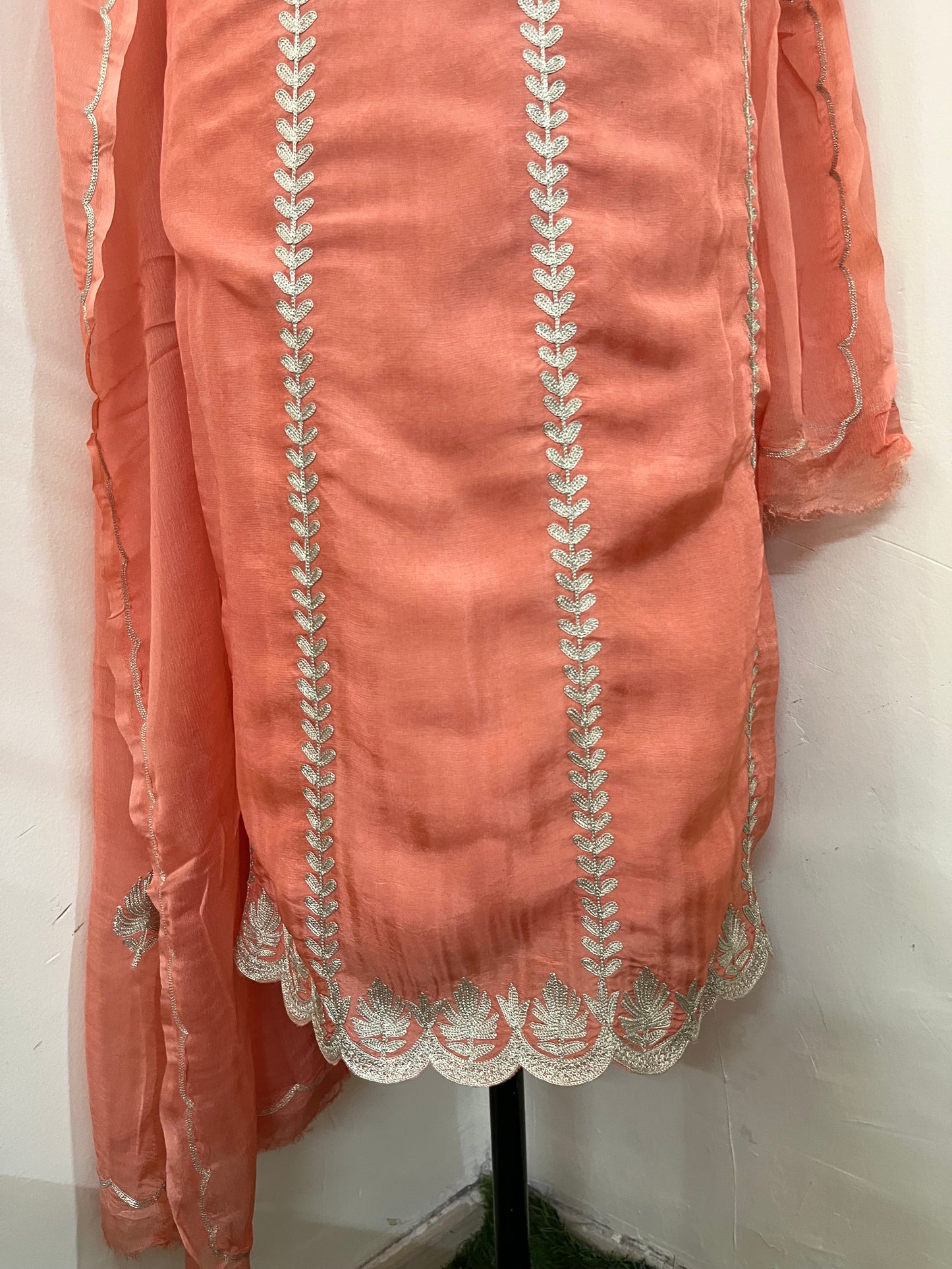 Sanam’ Peach Silk Tilla Embroidered Suit material