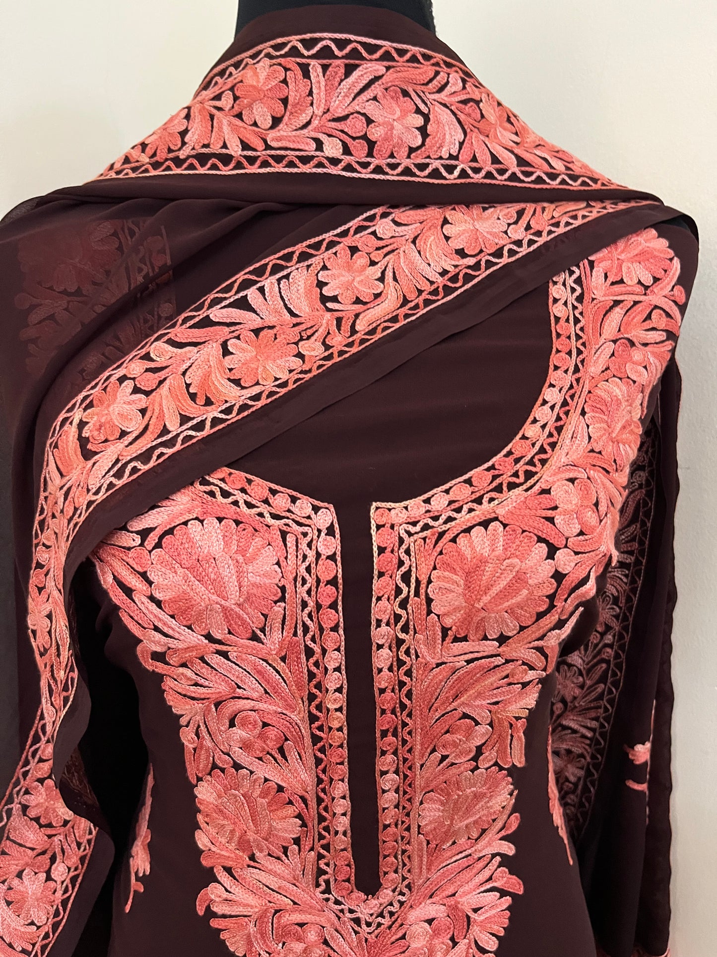 Brown Georgette 3pc Kashmiri Suit