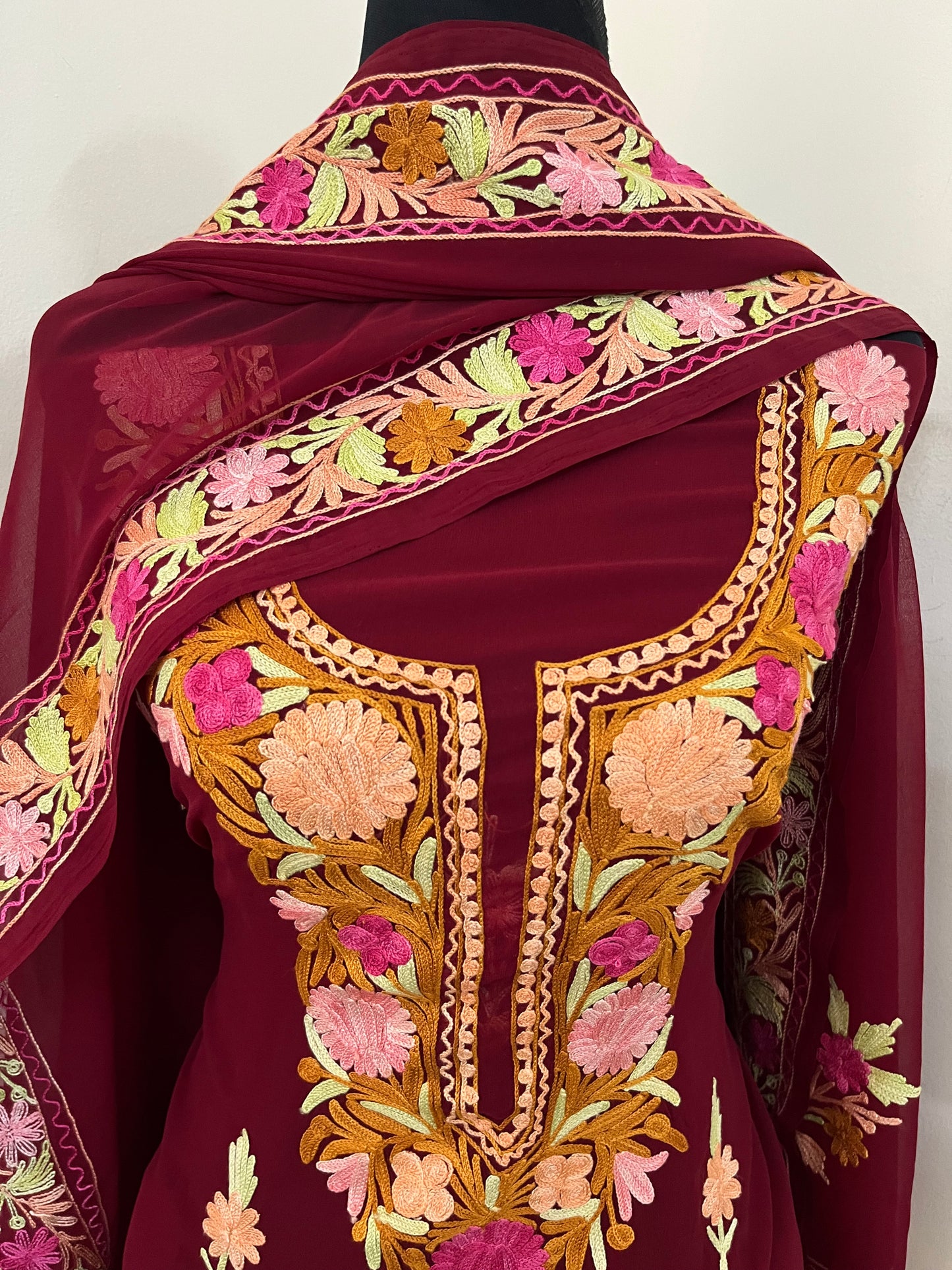 Maroon Georgette 3 Pc Aari Embroidered Suit Set