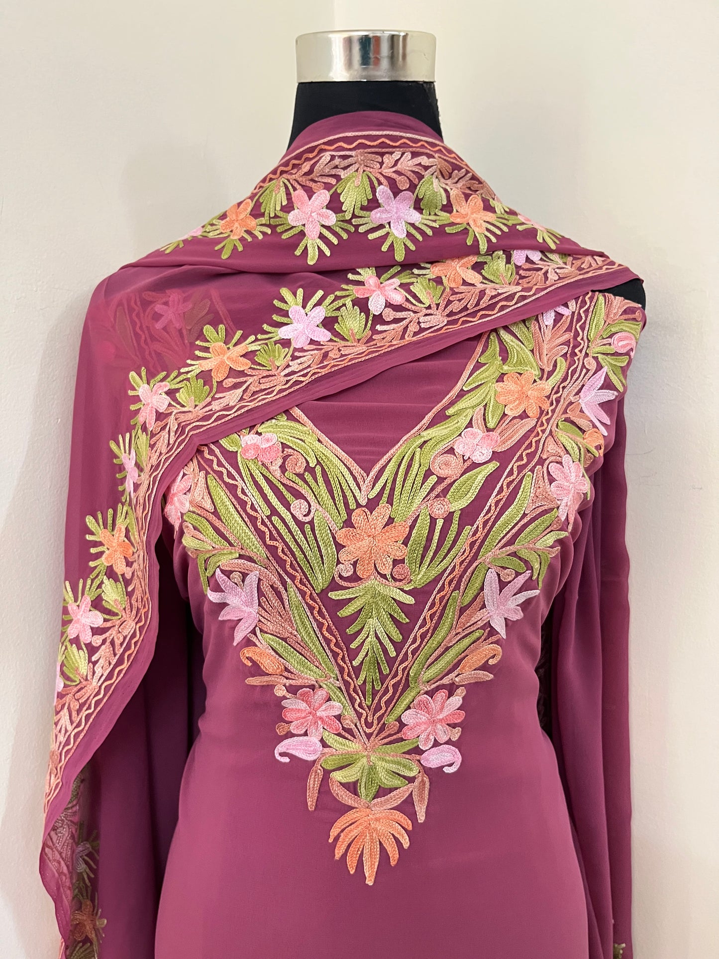 Onion Pink Georgette 3 Pc Kashmiri Suit