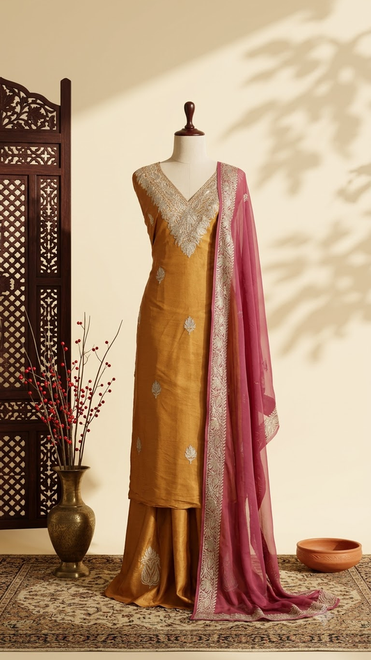 Mustard Brown Chanderi Silk Kashmiri Suit