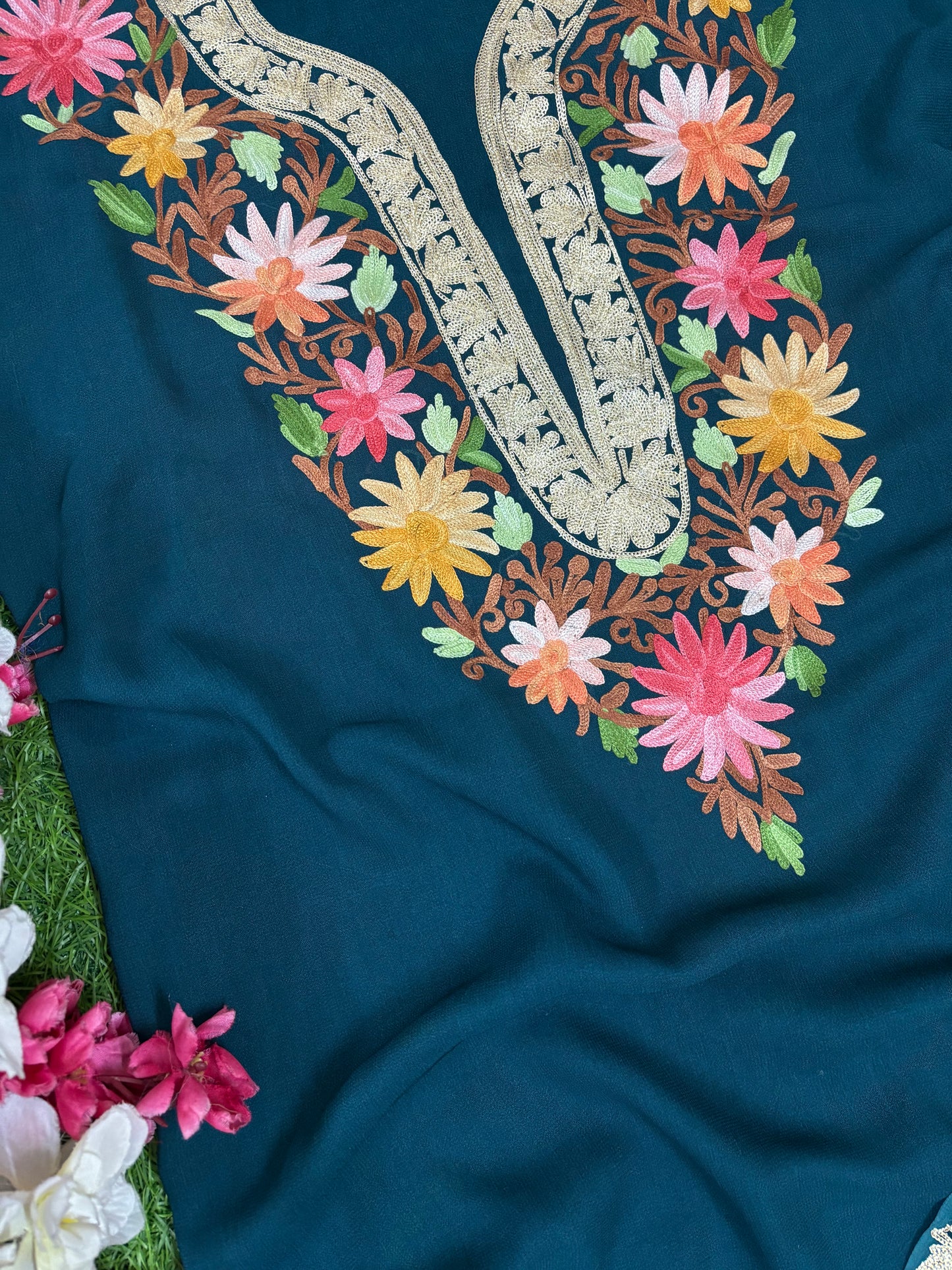 Peacock Blue Pure Georgette Kashmiri Suit