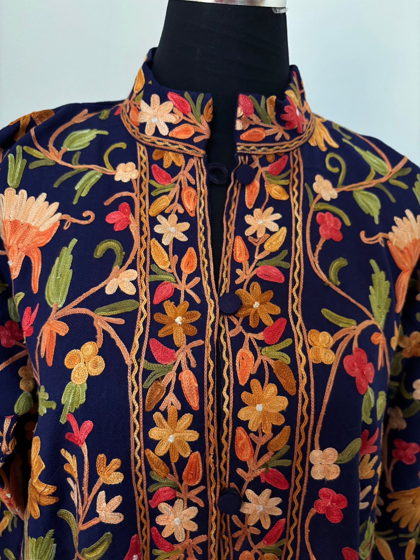 Navy Blue Aari Embroidered Pure Wool Jacket XXL