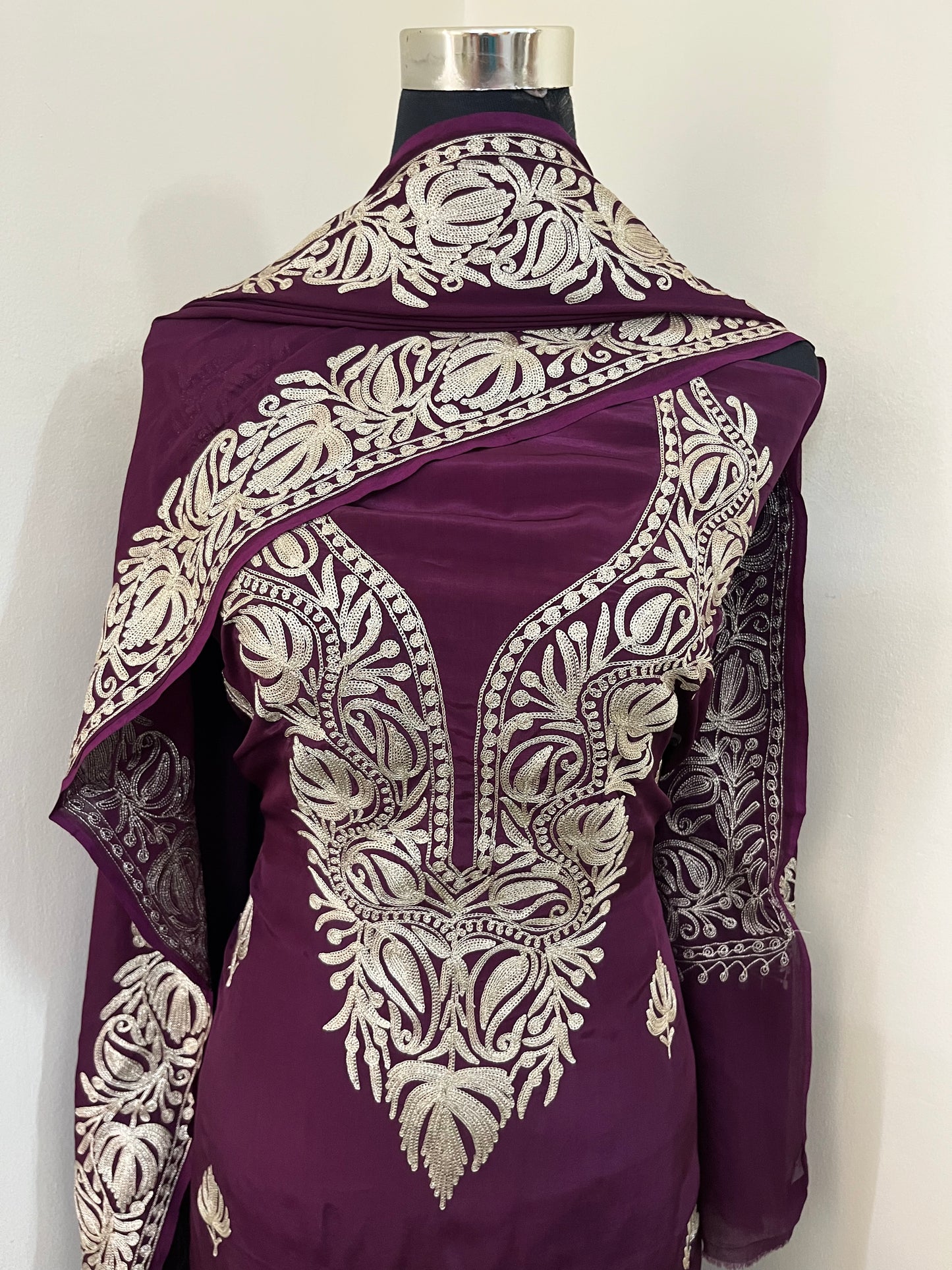 ‘Kalaa’ Wine Crape Kashmiri Suit