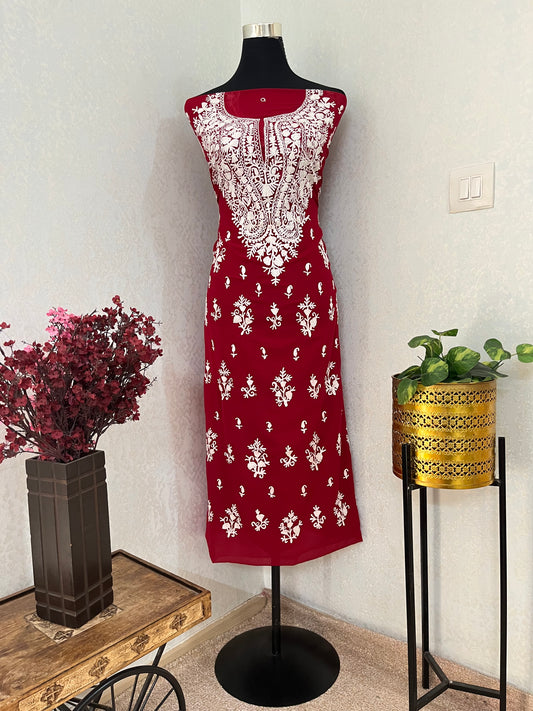 Maroon Georgette Kashmiri Unstitched Kurta Material