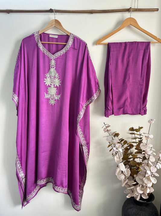 Lavender Cotton Crape Kashmiri Kaftan Set