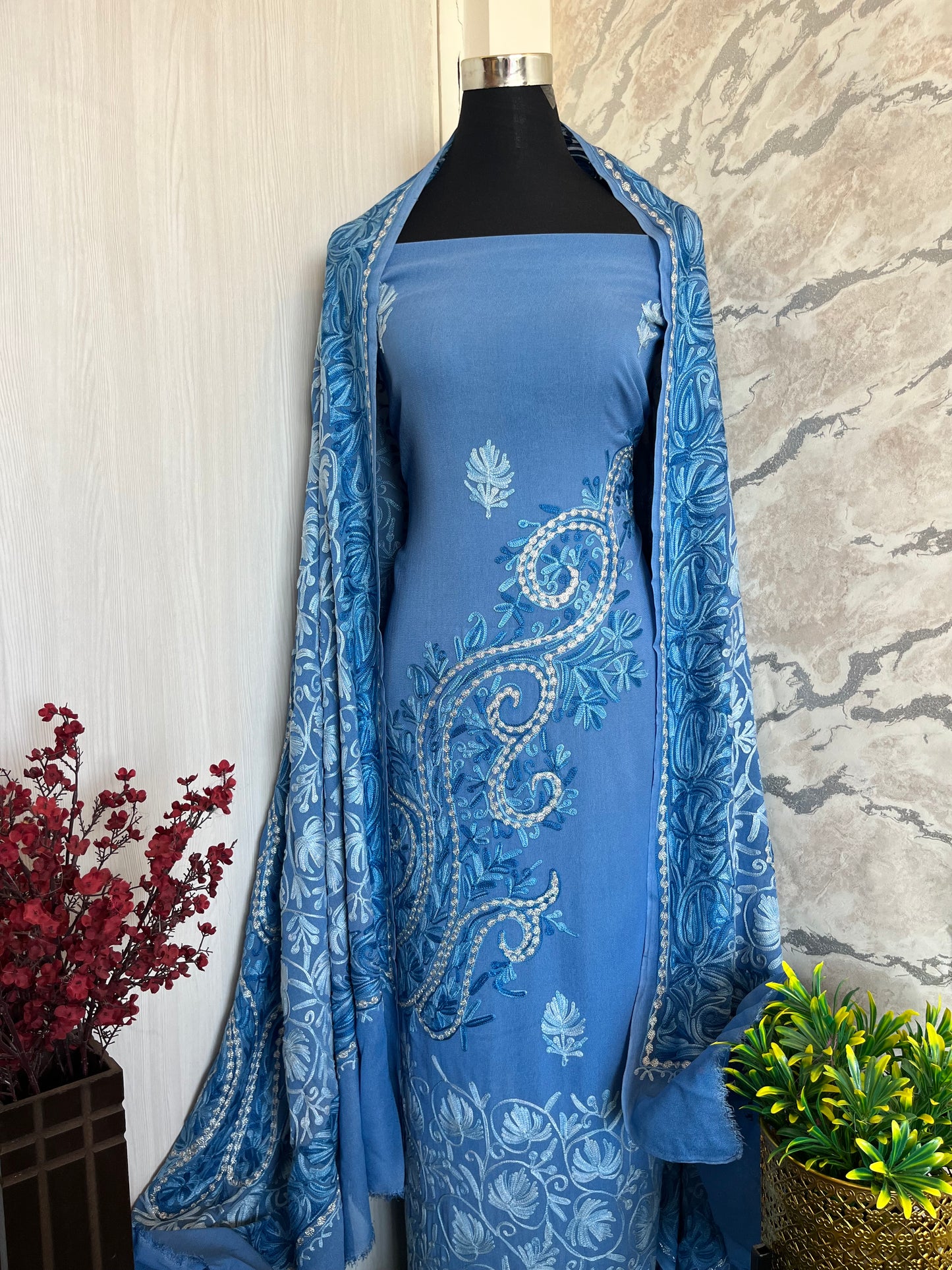 Blue Pure Georgette Aari Embroidered Suit