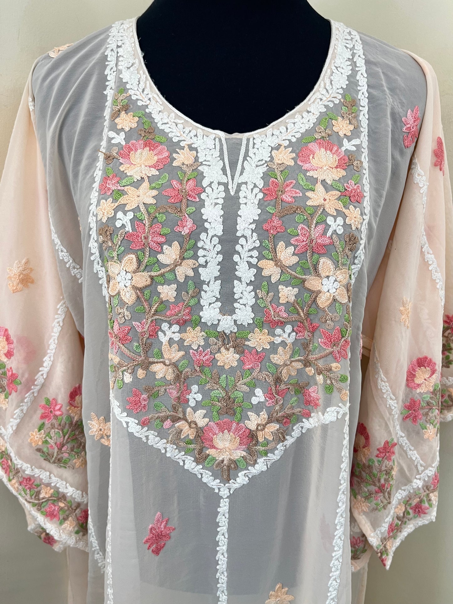 Peach Georgette All over Work Aari Embroidered Unstitched Kurta