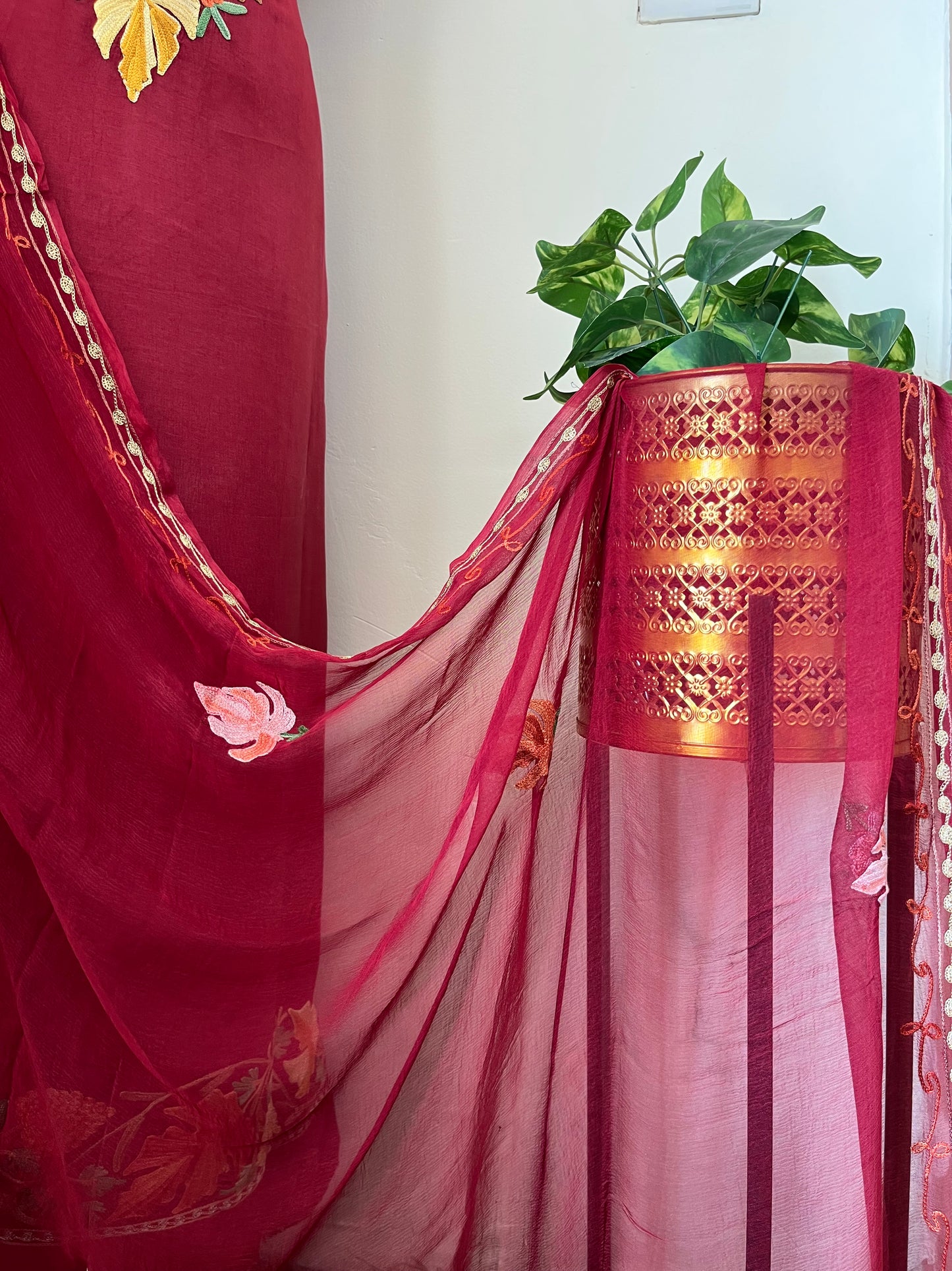 Maroon Opada Silk Aari Embroidered Suit material